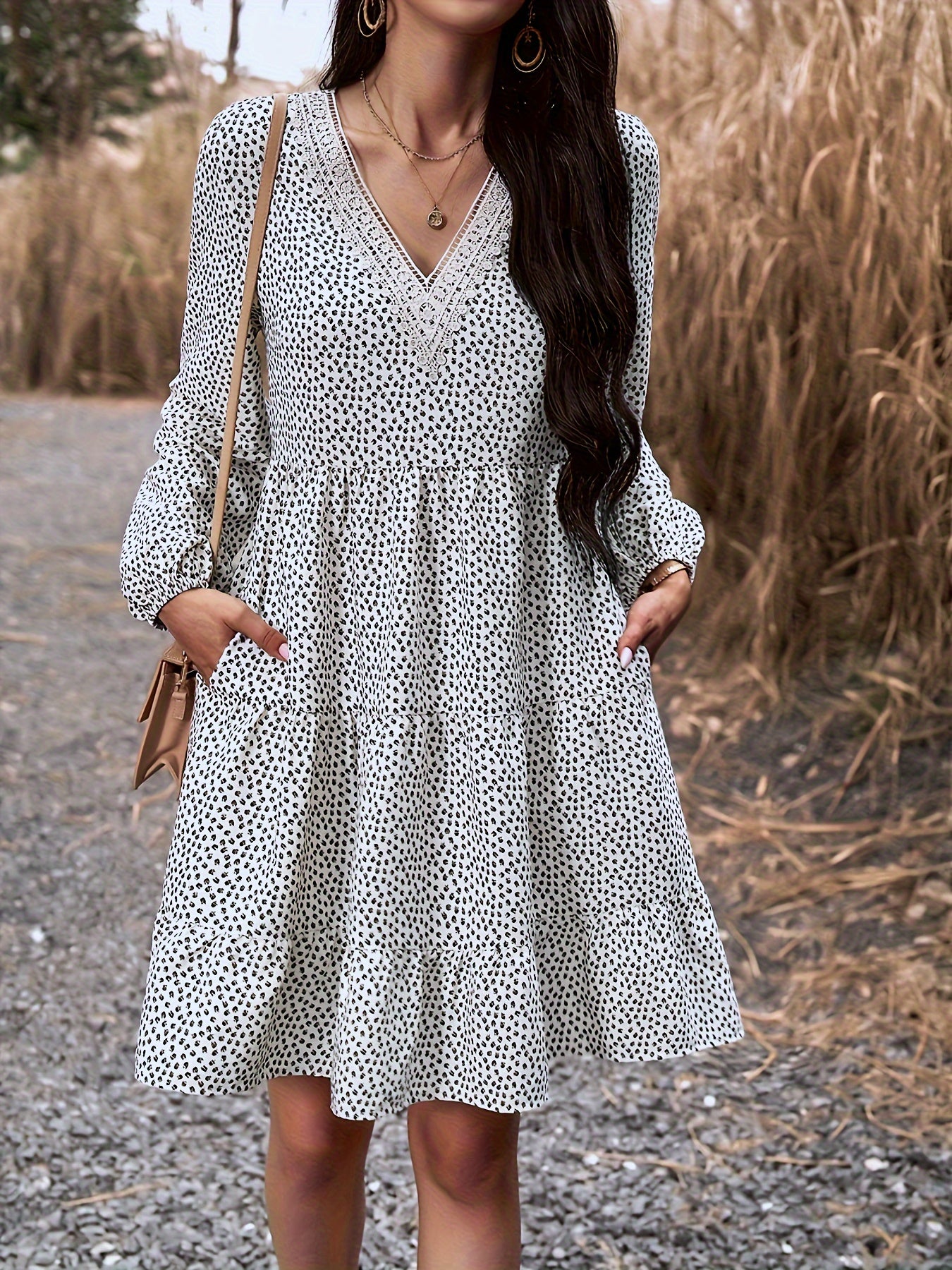 Sixsr All Over Print V Neck Dress, Casual Long Sleeve Lace Trim Dress, Women's Clothing