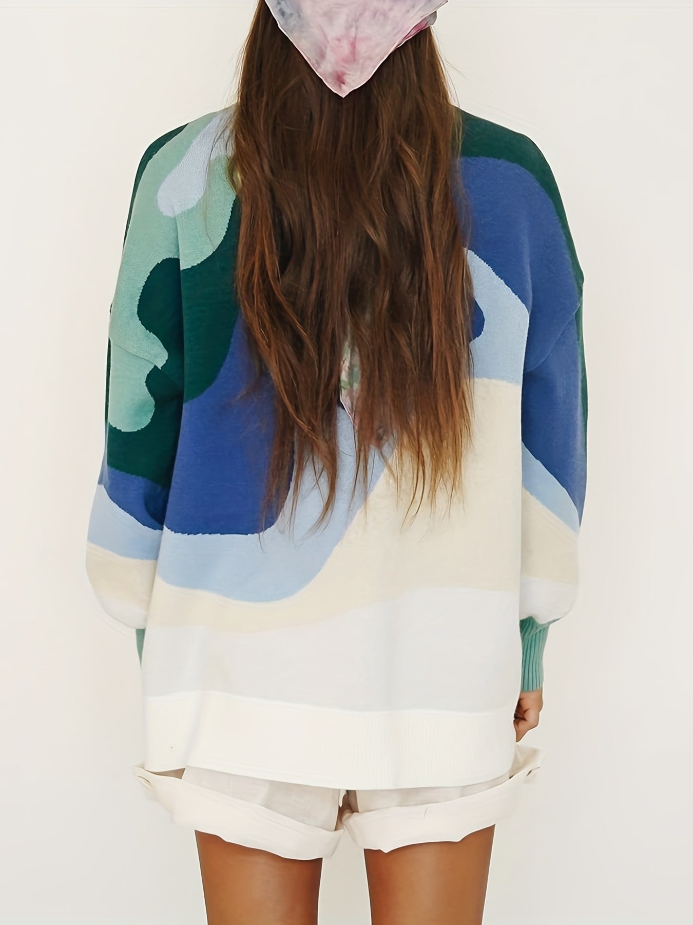 Sixsr Plus Size Casual Sweater, Women's Plus Abstract Print Long Sleeve Mock Neck Medium Stretch Pullover Jumper