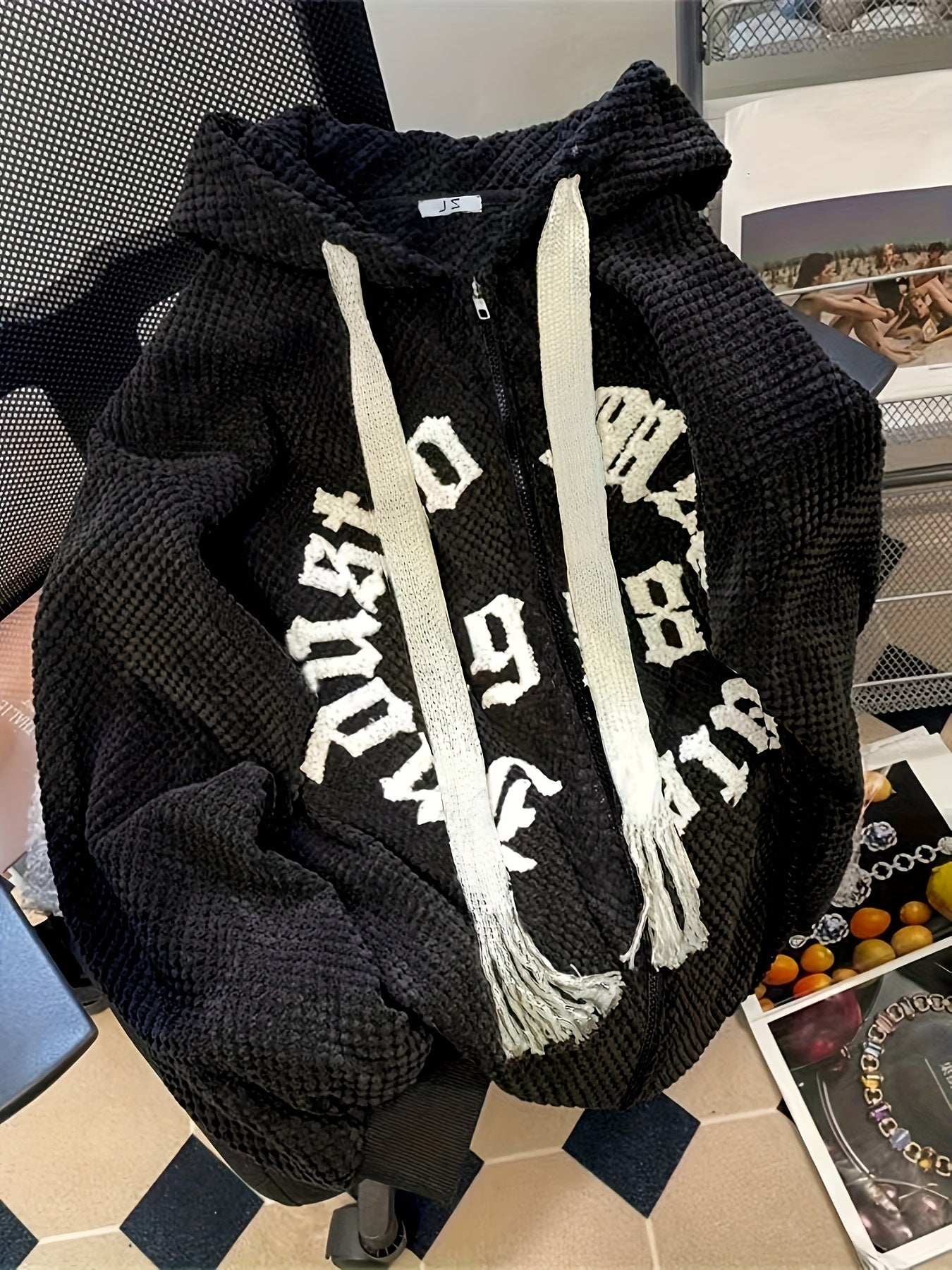 Sixsr Slogan Print Zip-up Textured Hoodie, Casual Long Sleeve Drawstring Hoodie Outerwear, Women's Clothing