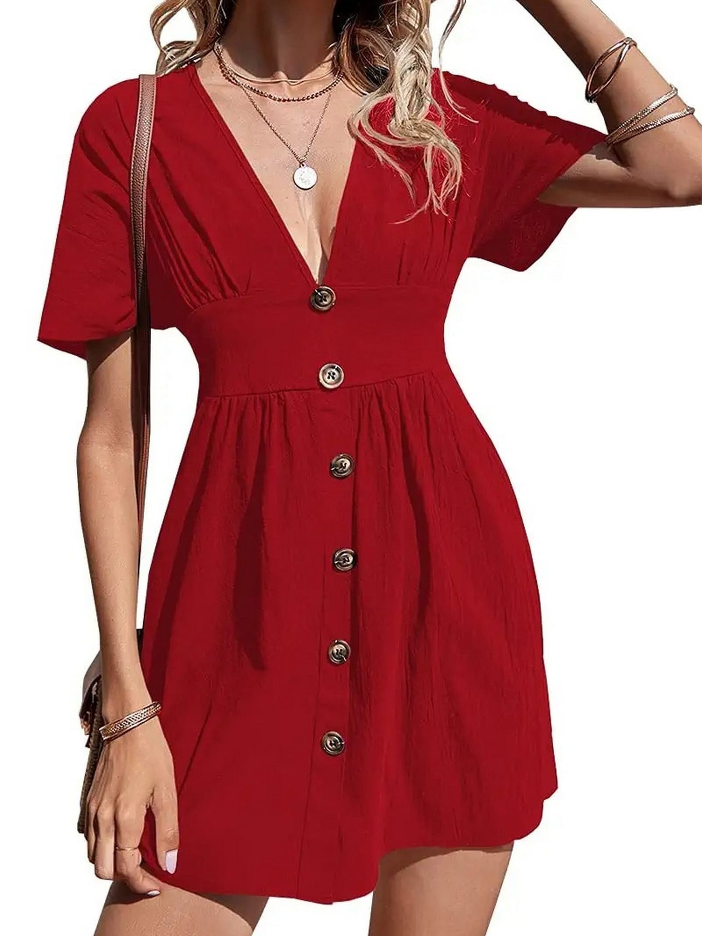Sixsr Women's Dresses Sexy Solid Color V Neck Button Up Short Sleeve Dresses