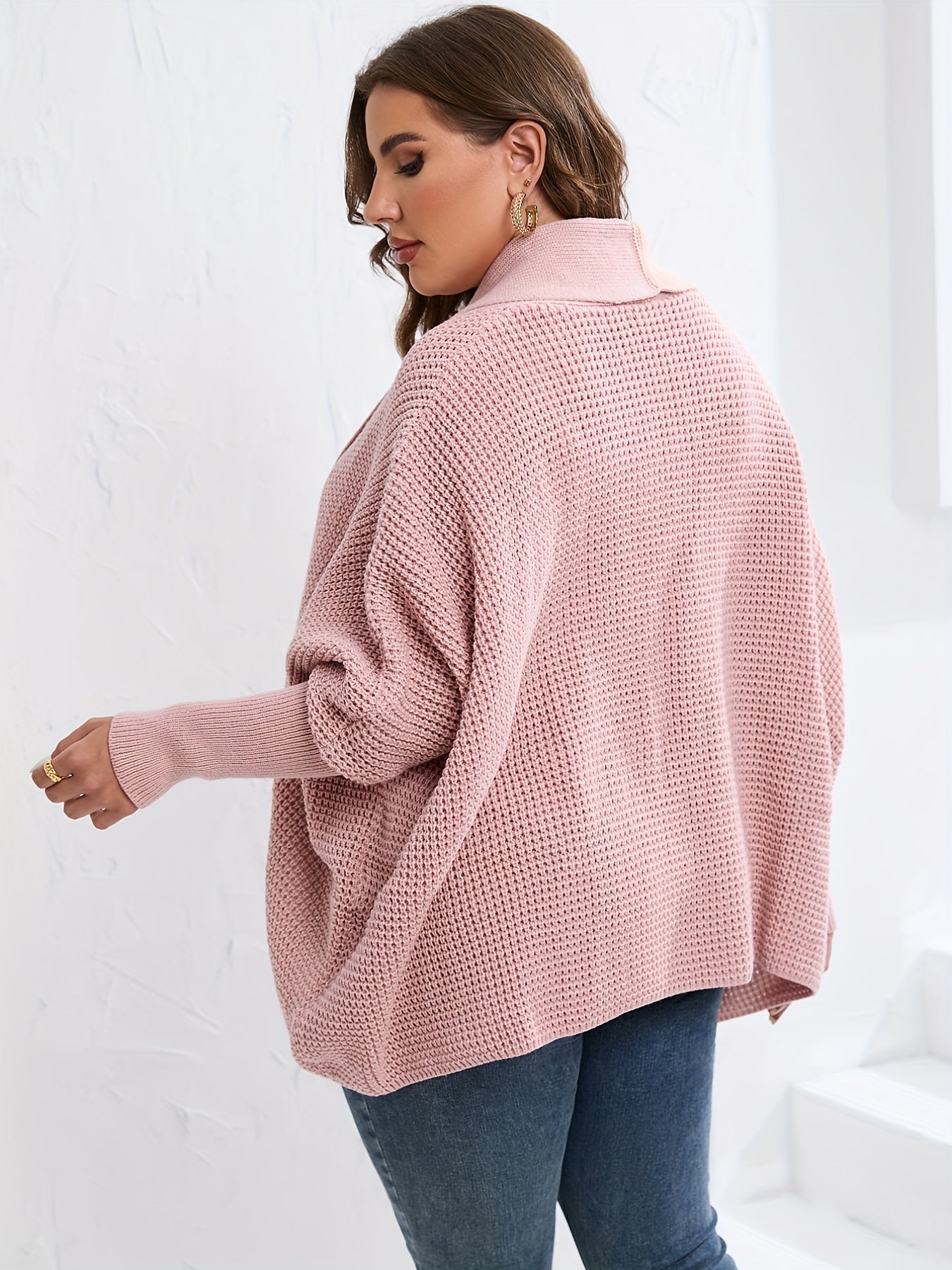 Sixsr Plus Size Lanter Sleeve Hollow Out Cardigan, Women's Plus Casual Slight Stretch Solid Sweater Cardigan