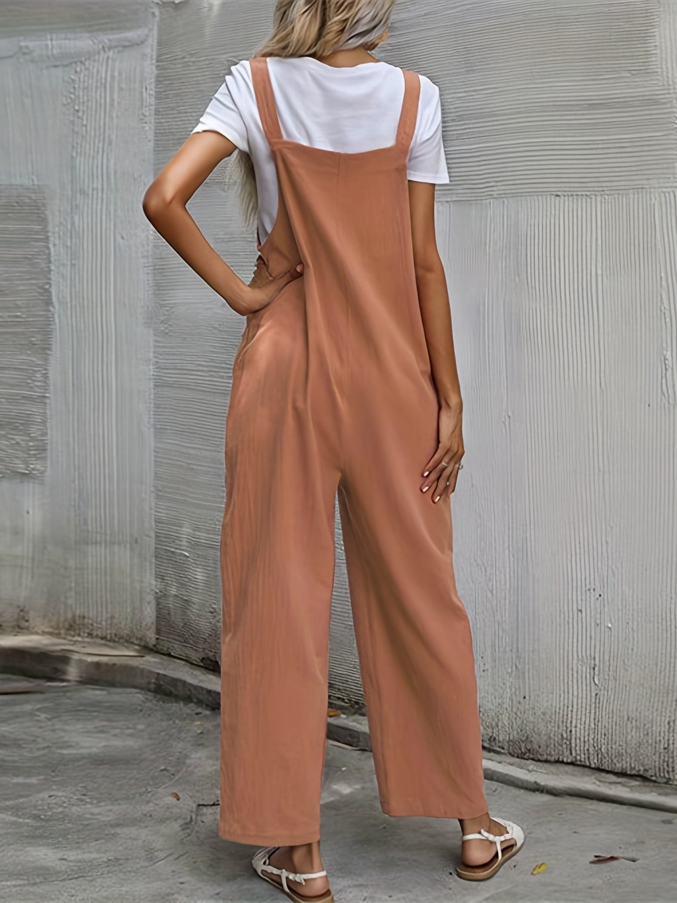 Sixsr Solid Patched Pockets Knot Strap Overall Jumpsuit, Casual Overall Jumpsuit For Spring & Summer, Women's Clothing