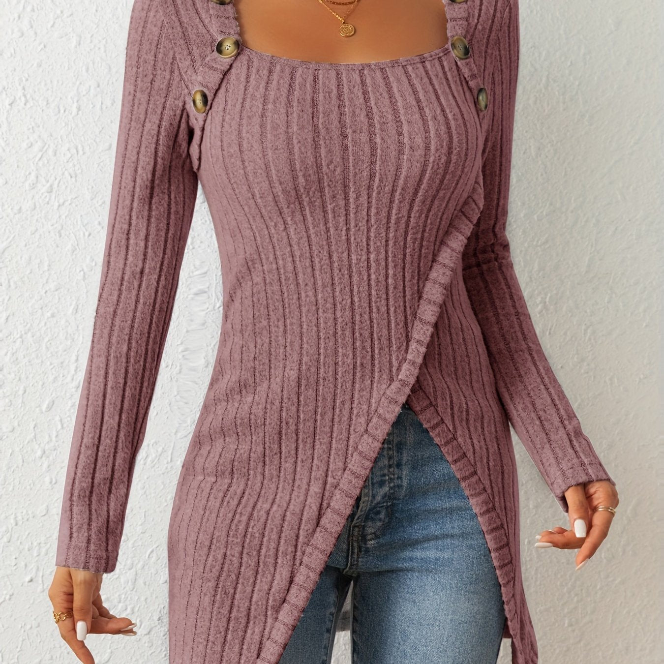 Sixsr Ribbed Button Decor Asymmetrical Hem T-Shirt, Casual Long Sleeve Top For Spring & Fall, Women's Clothing