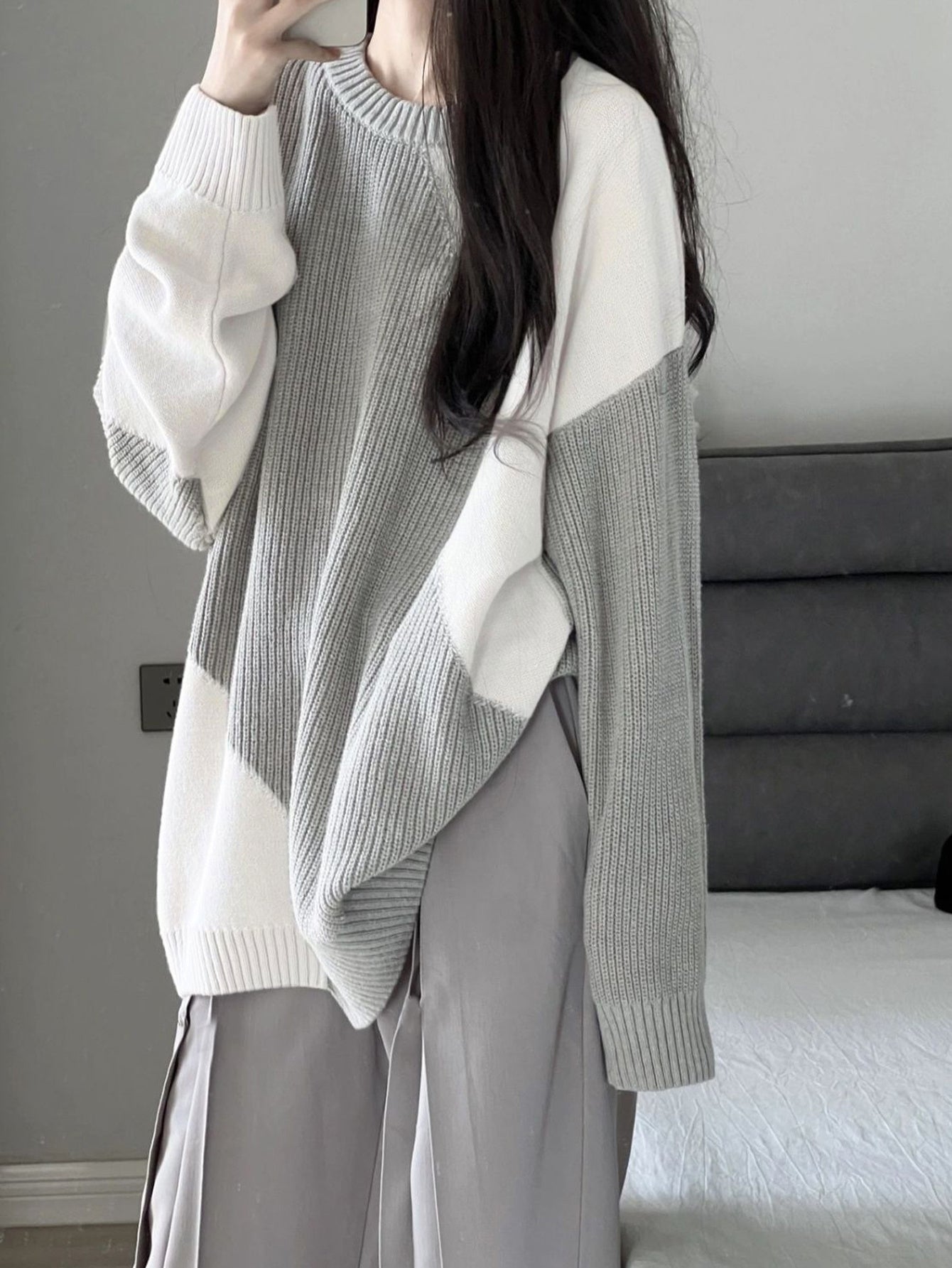 Sixsr Color Block Oversized Pullover Sweater, Casual Crew Neck Long Sleeve Sweater, Women's Clothing