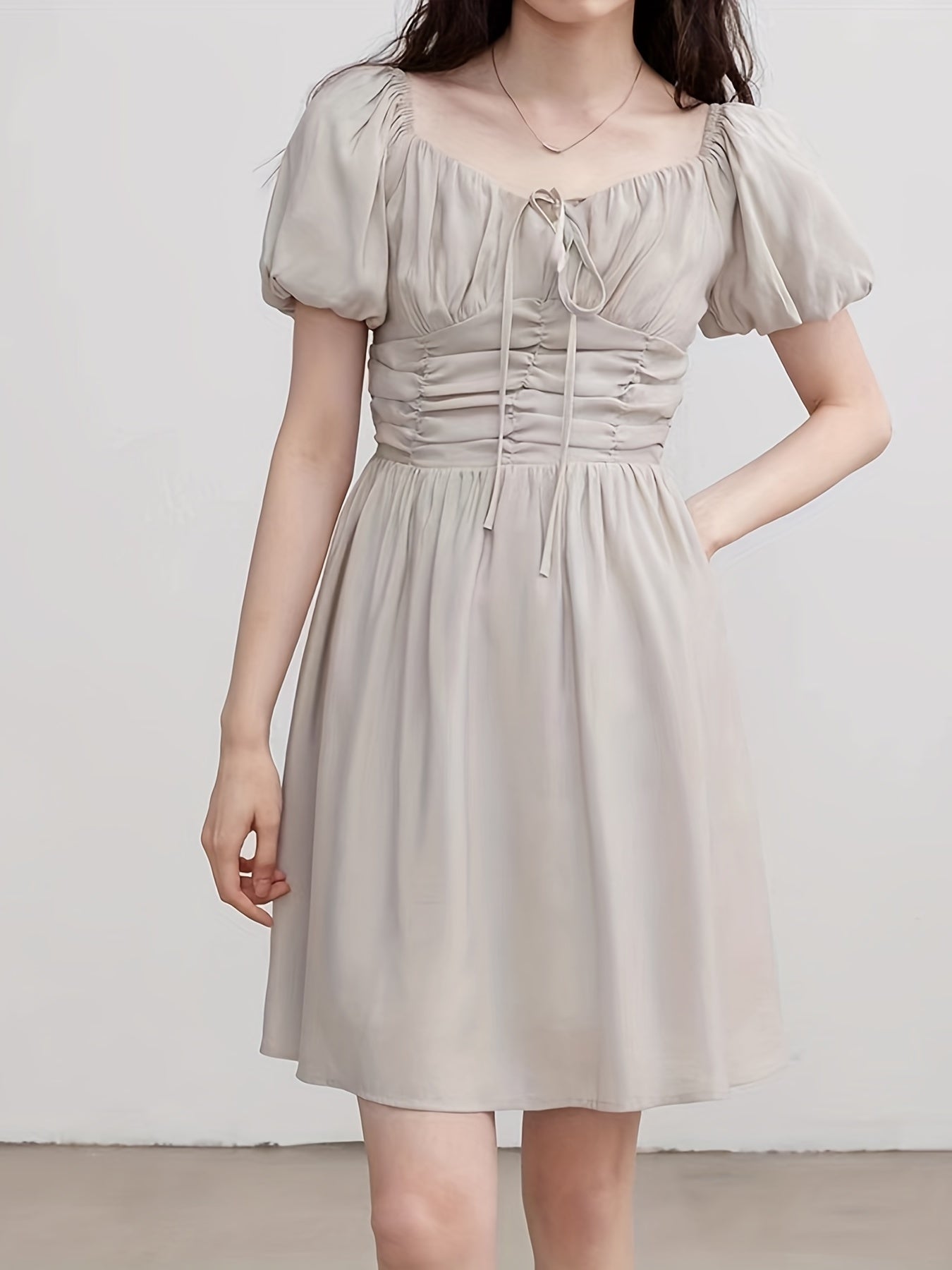 Sixsr Solid Ruched Dress, Elegant Puff Sleeve Drawstring Summer Dress, Women's Clothing
