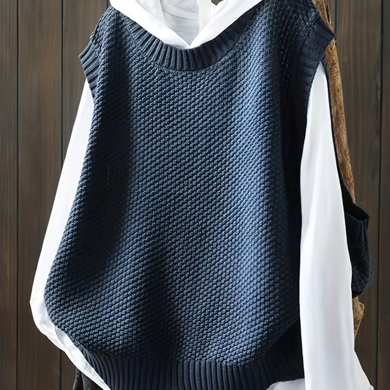 Sixsr Solid Crew Neck Knitted Vest, Casual Sleeveless Loose Sweater, Women's Clothing