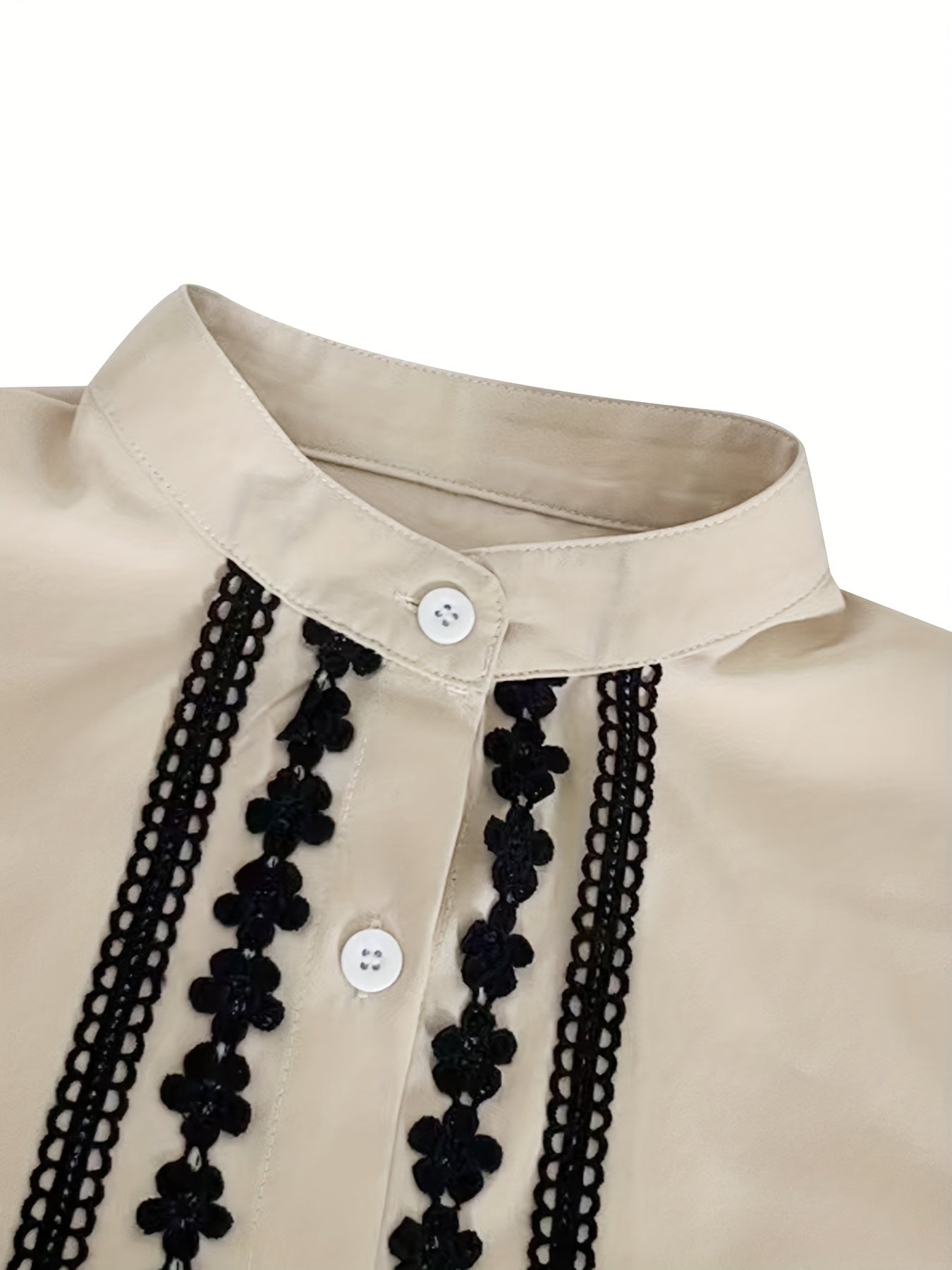 Sixsr Lace Stitching Mock Neck Button Blouse, Elegant Long Sleeve Blouse For Spring & Fall, Women's Clothing