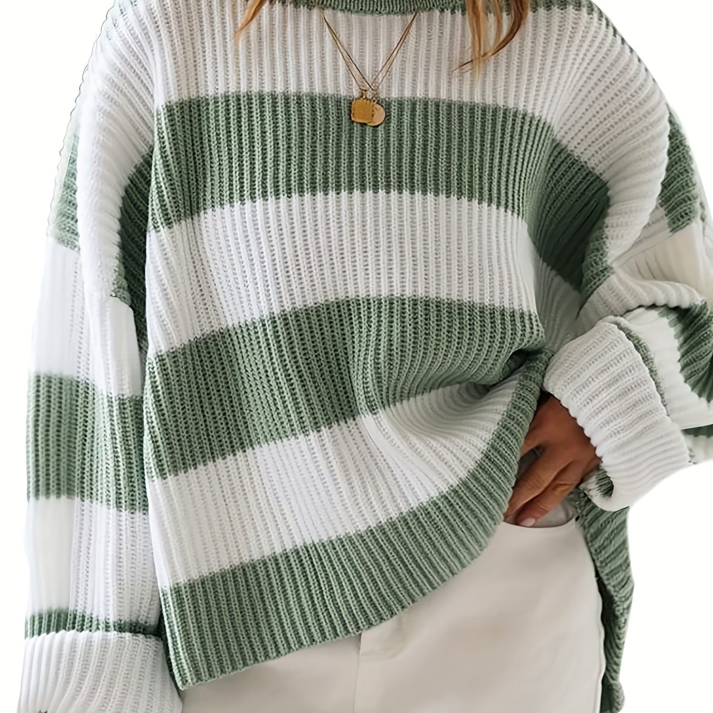 Sixsr Plus Size Casual Sweater, Women's Plus Colorblock Eyelet Embroidered Long Sleeve Round Neck Pullover Sweater