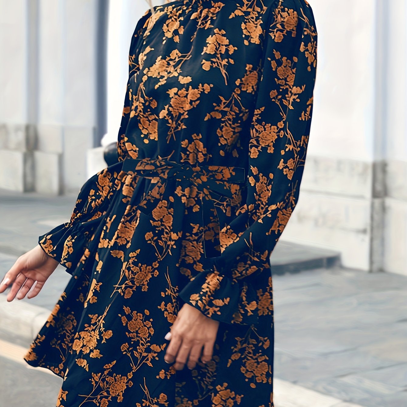 Sixsr Floral Print Lantern Sleeve Dress, Casual Shirred Mock Neck Tie-waist Dress, Women's Clothing