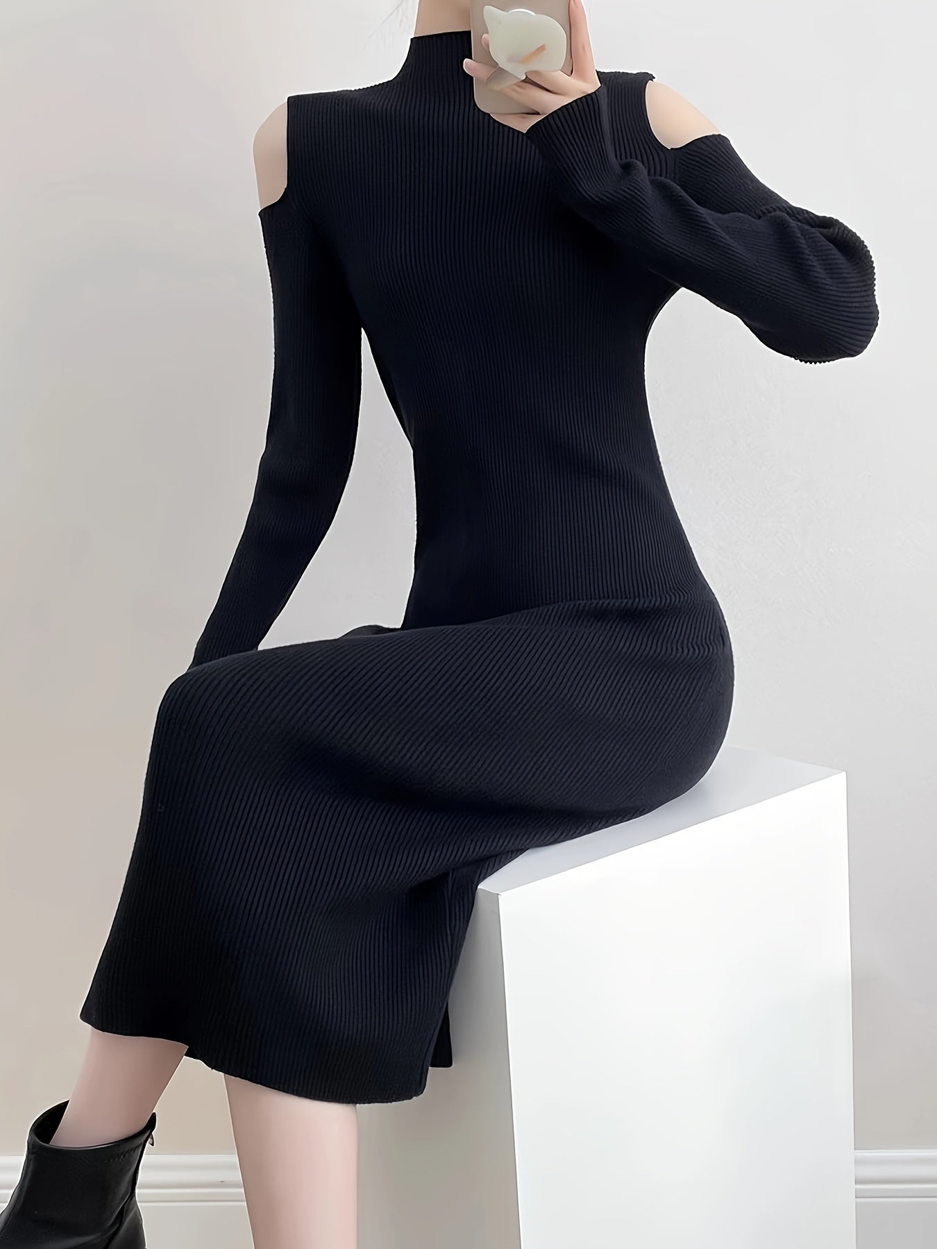 Sixsr Cold Shoulder Mock Neck Slim Dress, Chic Solid Long Sleeve Bodycon Spit Hem Dress, Women's Clothing