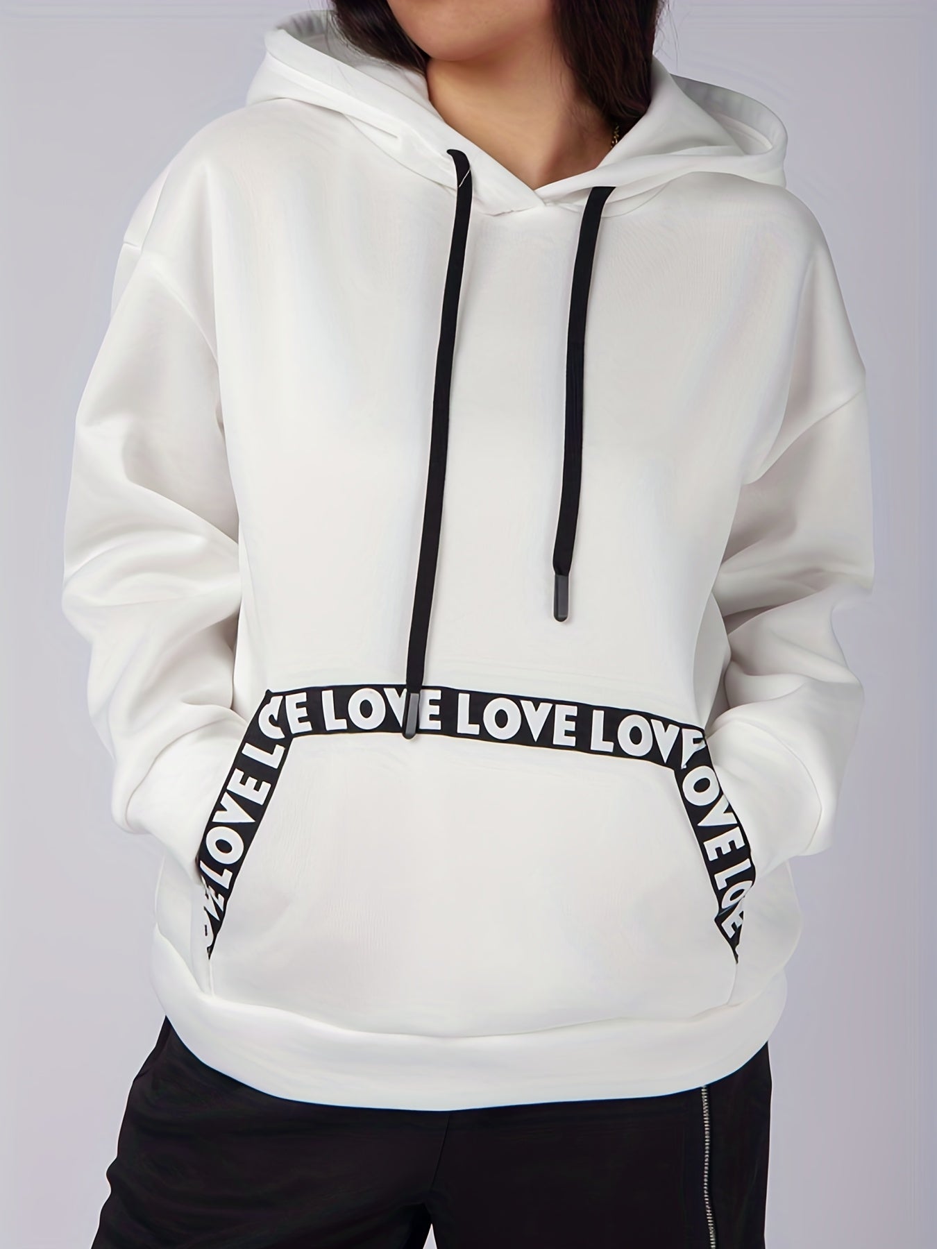 Sixsr Plus Size Casual Sweatshirt, Women's Plus Letter Tape Long Sleeve Slight Stretch Drawstring Hoodie With Giant Pocket