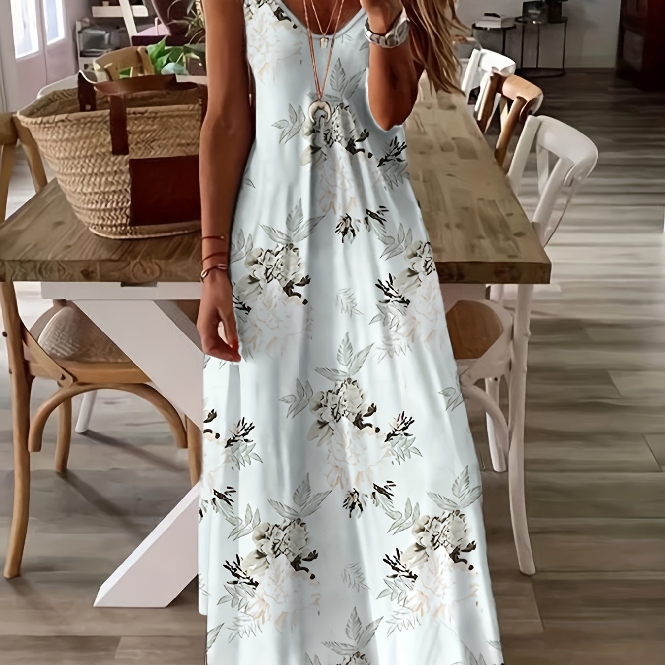 Sixsr Tie Dye Striped Spaghetti Dress, Casual Sleeveless V Neck Maxi Cami Dress, Women's Clothing