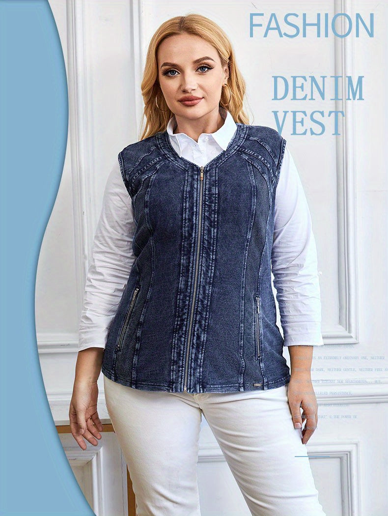 Sixsr Plus Size Casual Vest, Women's Plus Round Neck Slight Stretch Zipper Vest With Pockets