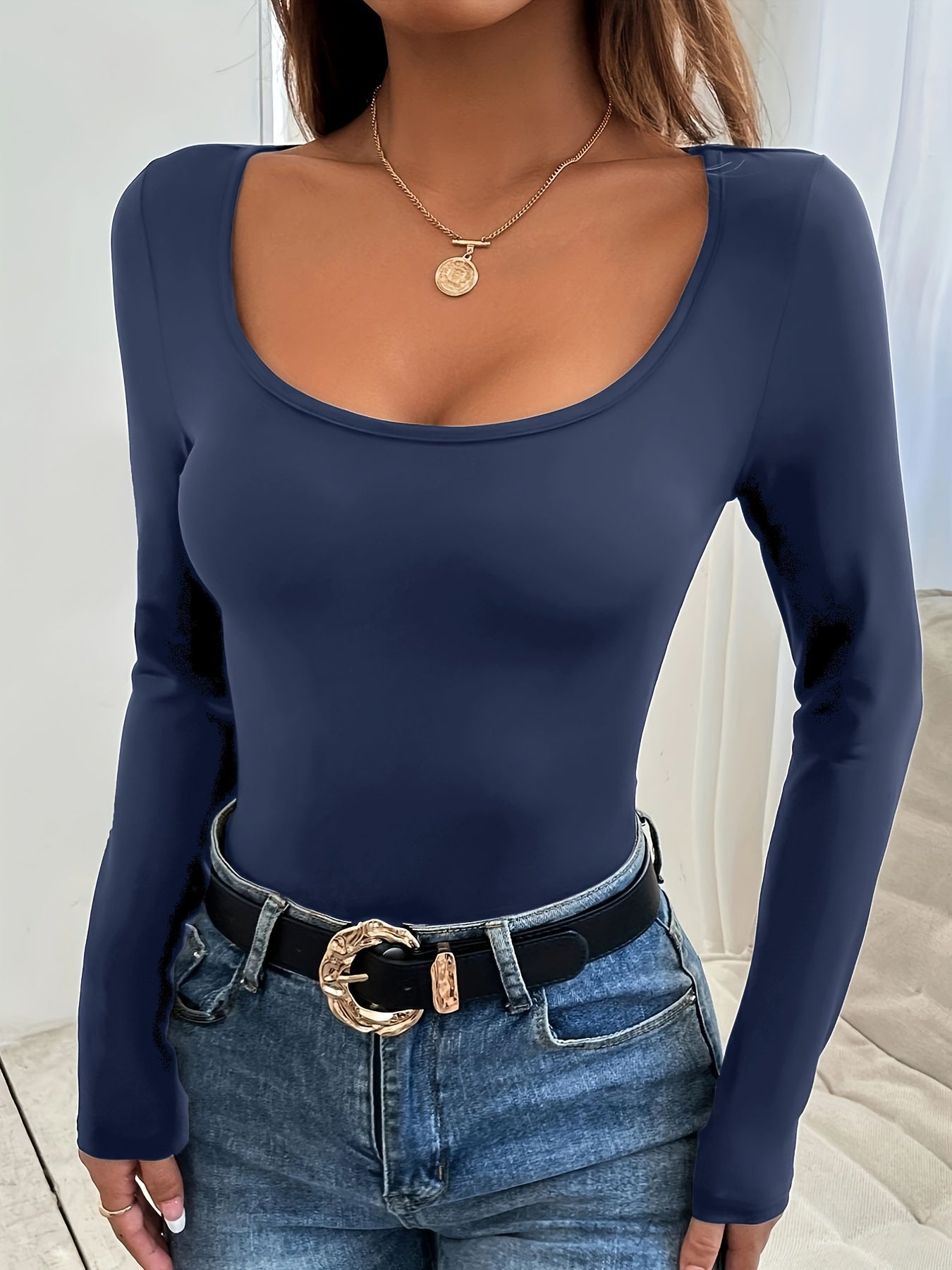 Sixsr Solid Crew Neck T-Shirt, Casual Long Sleeve Top For Spring & Fall, Women's Clothing