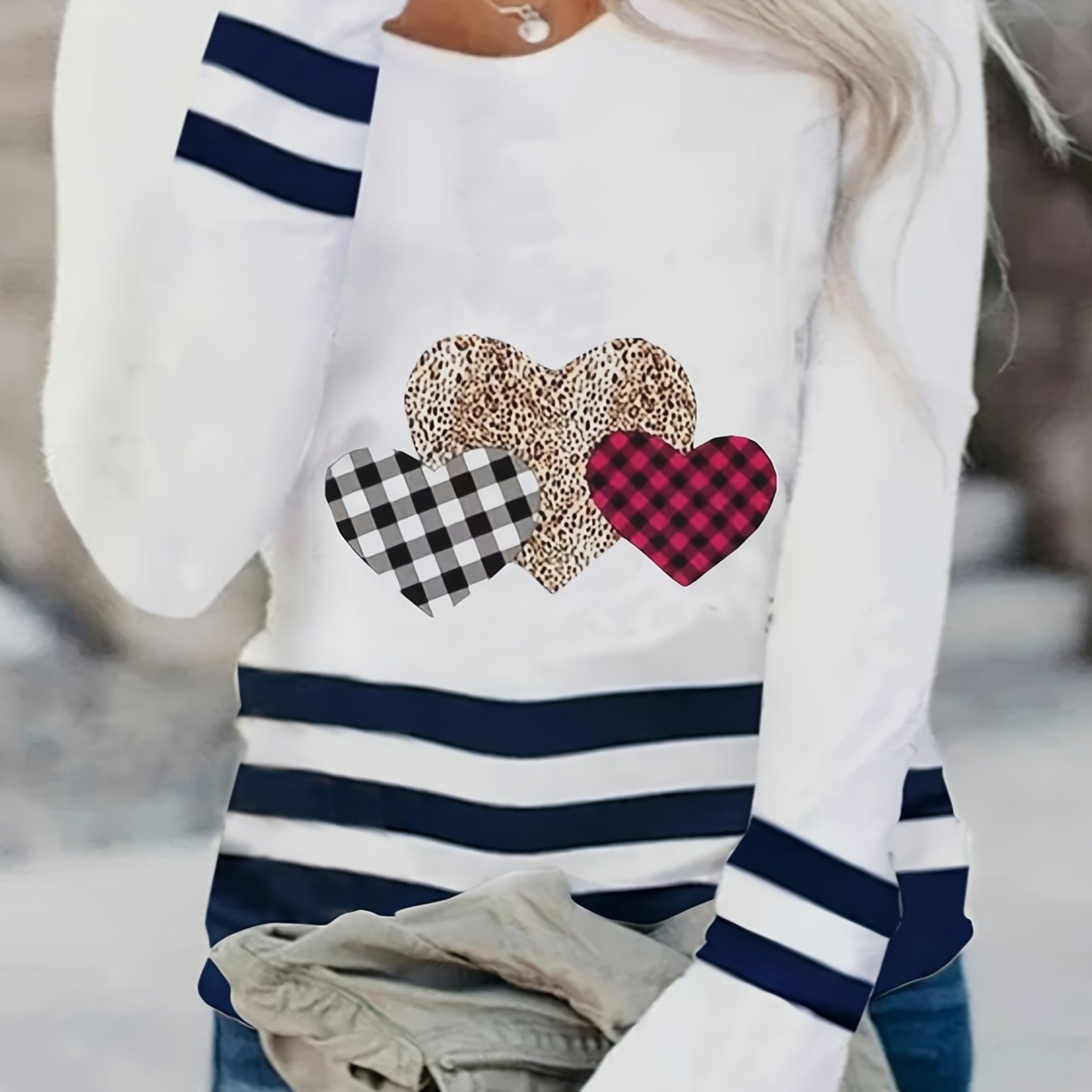 Sixsr Plus Size Casual Top, Women's Plus Colorblock Stripe & Anchor Print Long Sleeve Round Neck Medium Stretch Top