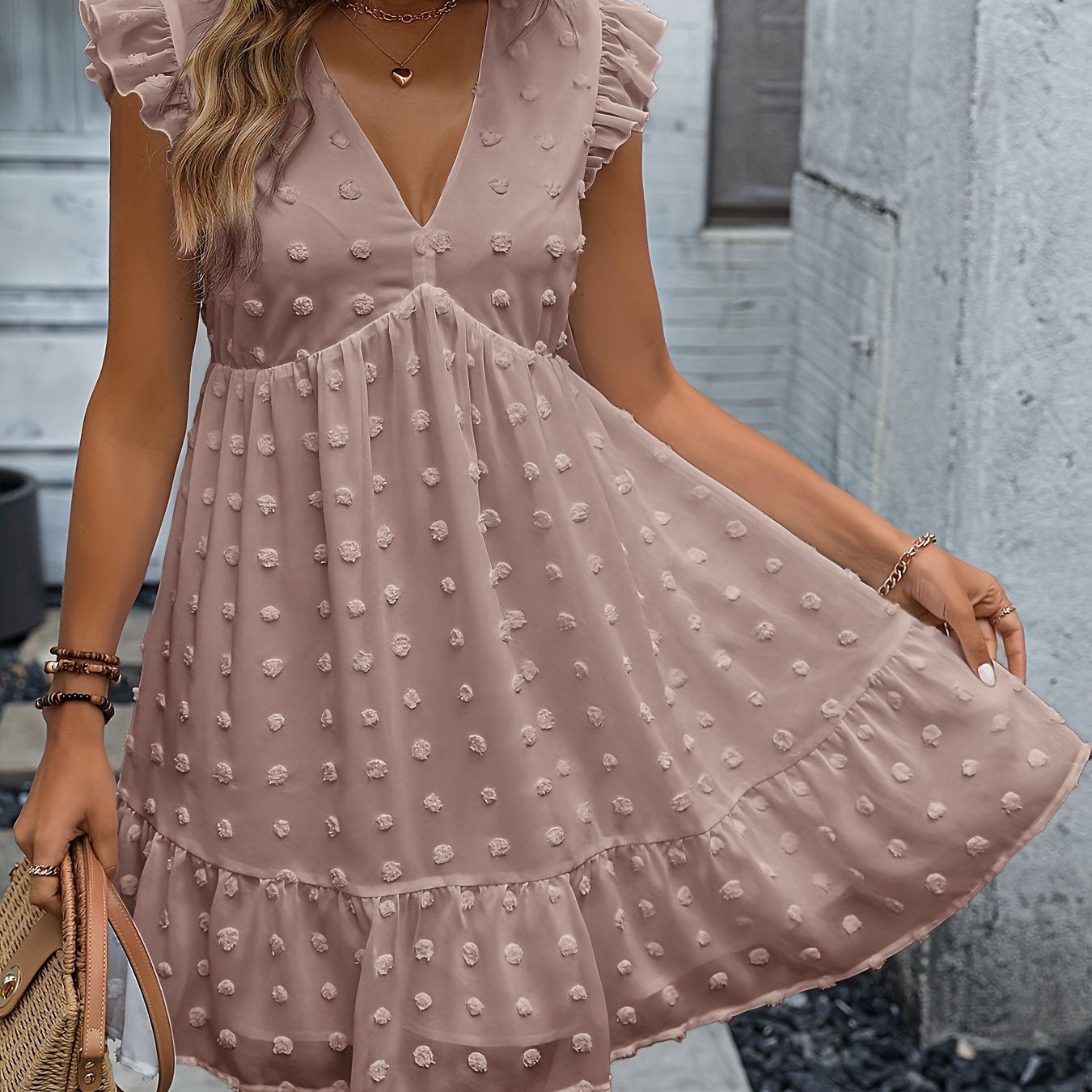 Sixsr Swiss Dot Ruffle Hem Dress, Elegant V Neck Dress For Spring & Summer, Women's Clothing