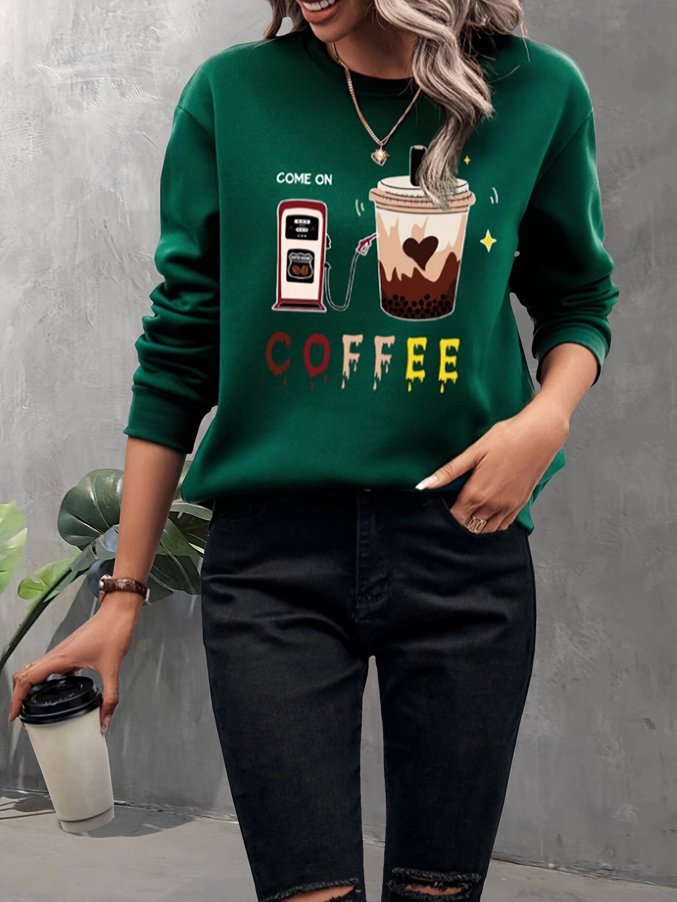 Sixsr Coffee & Letter Pattern Pullover Sweatshirt, Casual Long Sleeve Crew Neck Sweatshirt For Fall & Winter, Women's Clothing