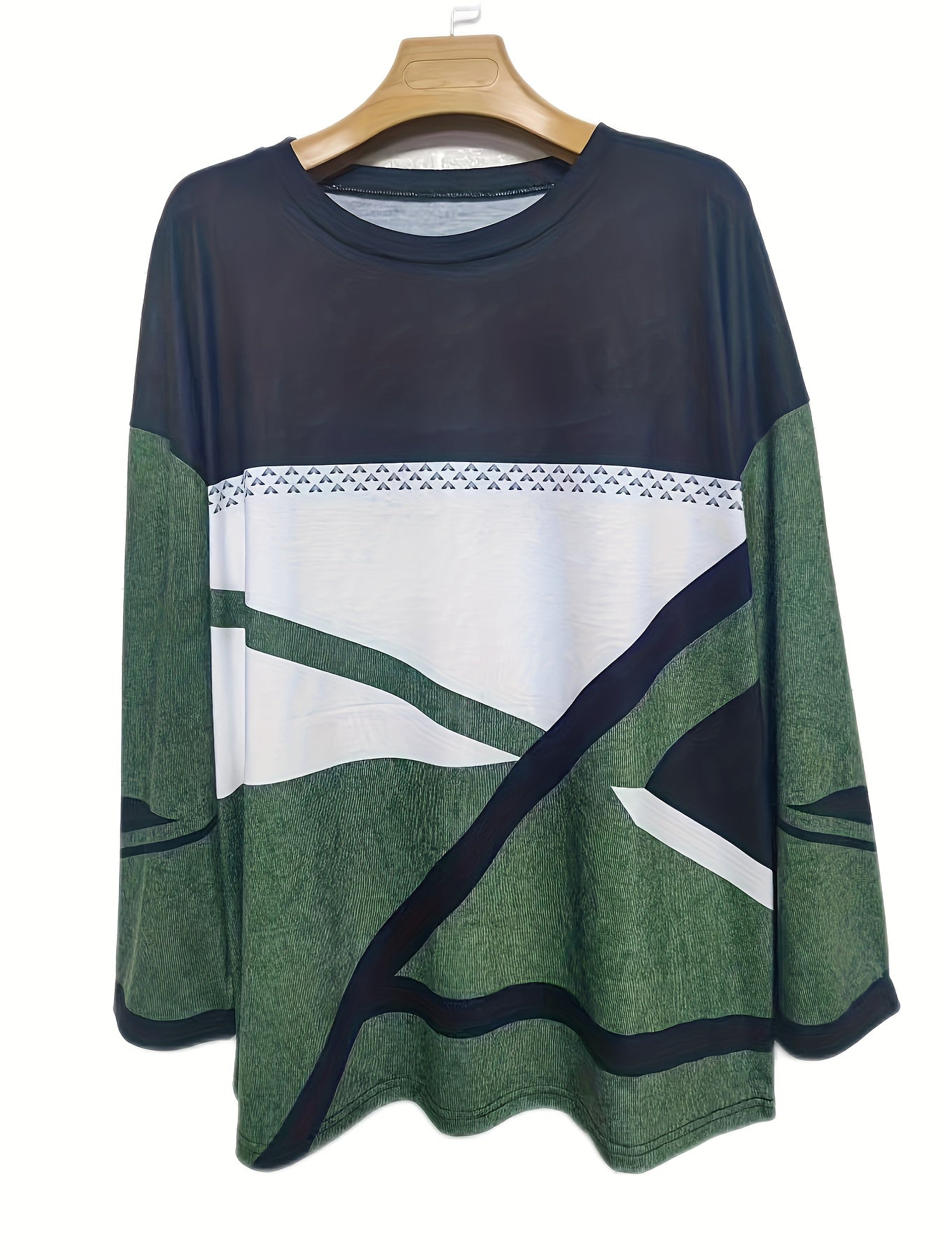 Sixsr Plus Size Casual Top, Women's Plus Colorblock Long Sleeve Round Neck Slight Stretch Top