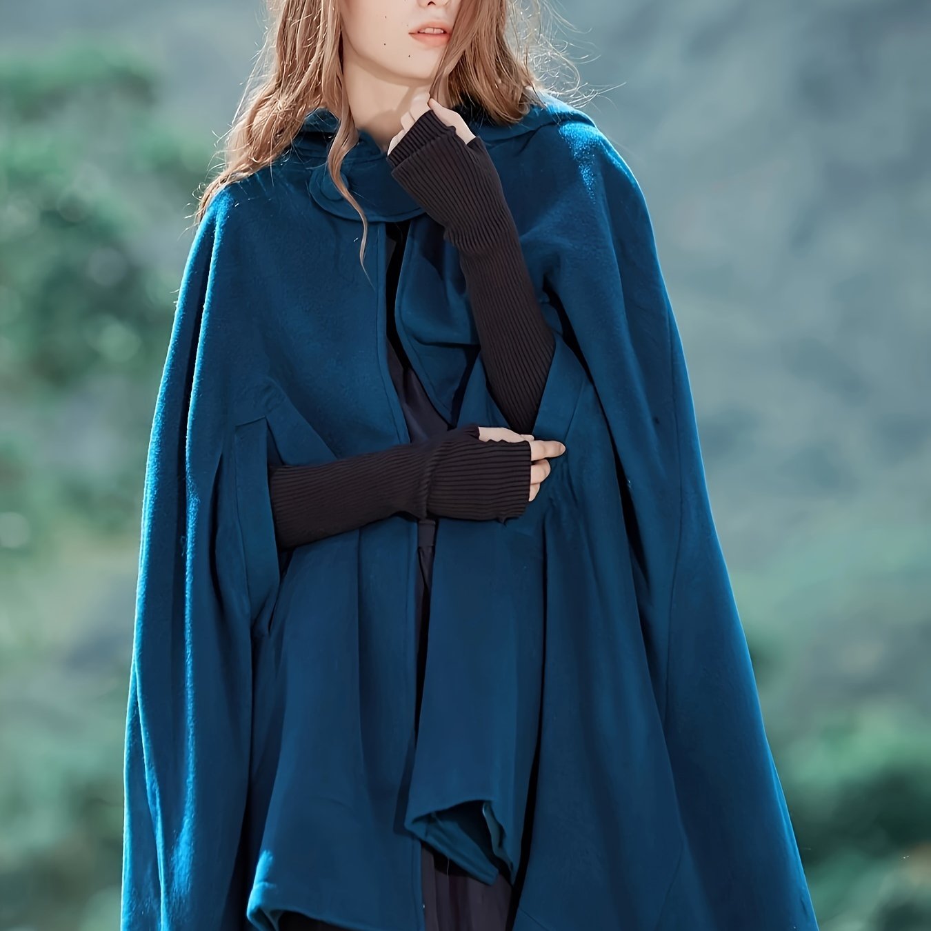 Sixsr Plus Size Elegant Coat, Women's Plus Solid Split Cape Sleeve Button Detail Hooded Shawl Coat