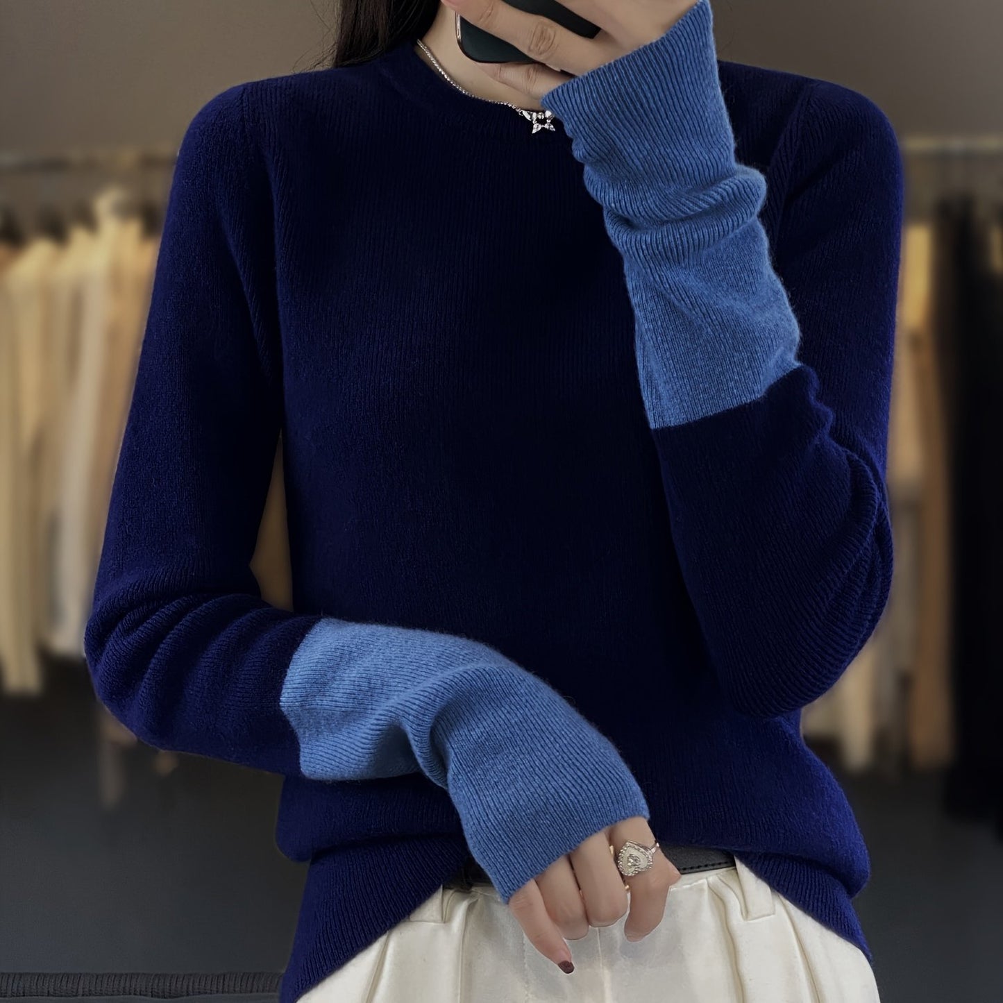 Sixsr Color Block Crew Neck Pullover Sweater, Elegant Long Sleeve Slim Sweater, Women's Clothing
