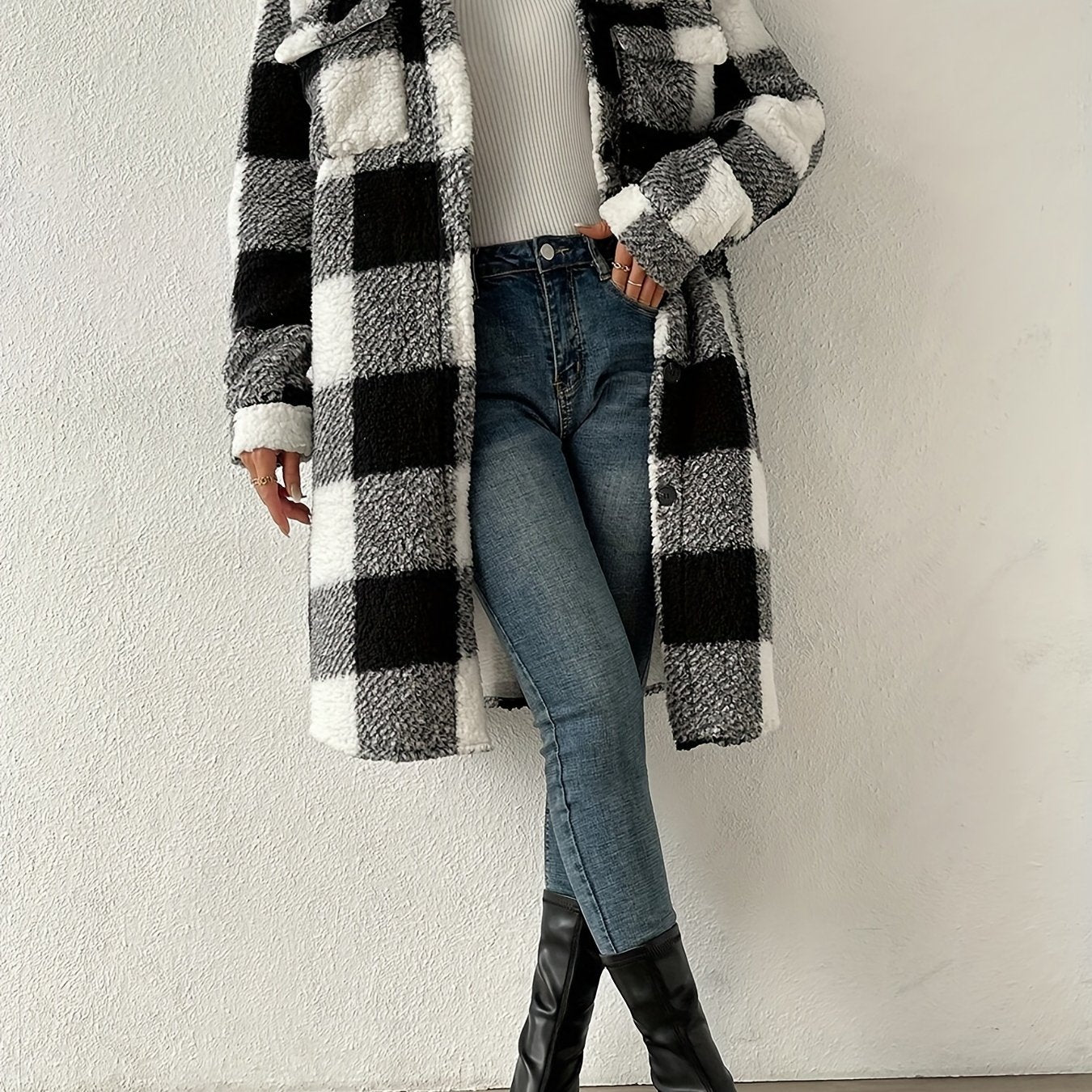 Sixsr Plaid Pattern Teddy Coat, Casual Button Front Long Sleeve Outerwear, Women's Clothing