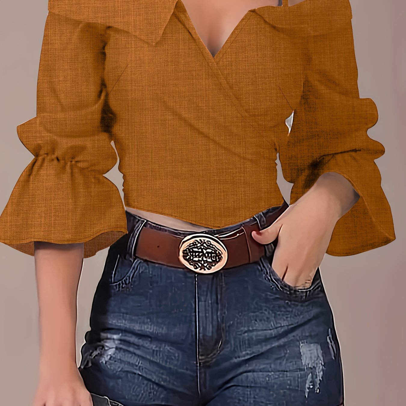 Sixsr Solid Spaghetti Strap Blouse, Casual Bell Sleeve Surplice Neck Blouse, Women's Clothing