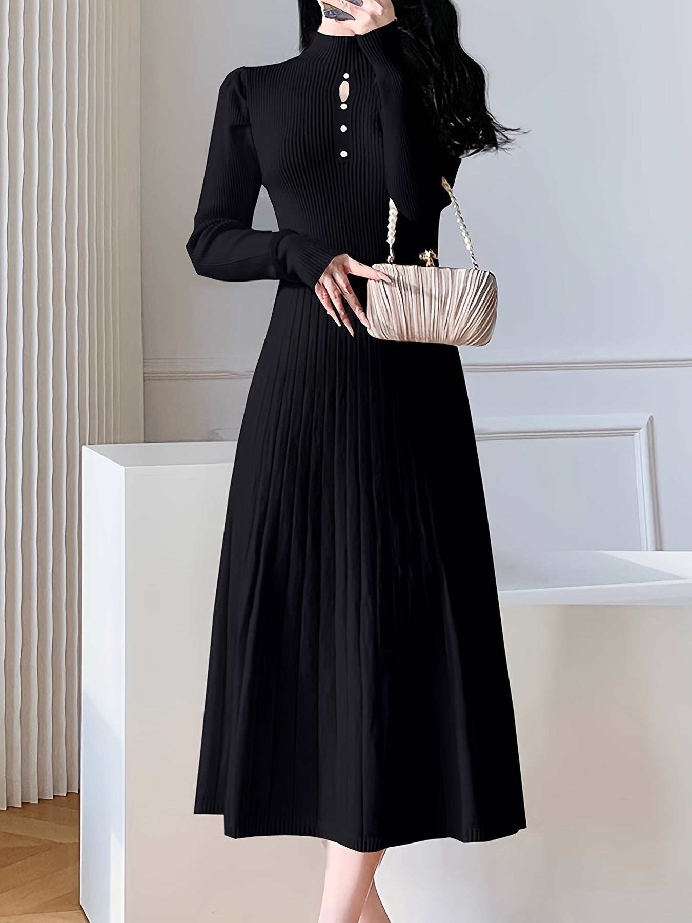 Sixsr Button Decor Keyhole Ribbed Dress, Elegant Long Sleeve Mock Neck A-line Knit Dress, Women's Clothing