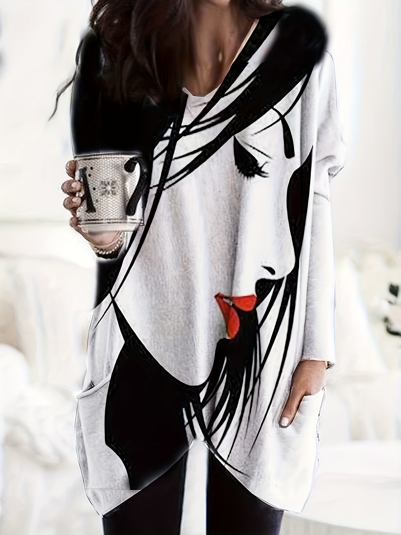 Sixsr Plus Size Casual Top, Women's Plus Figure Print Long Sleeve V Neck Slight Stretch Tunic Top With Pockets