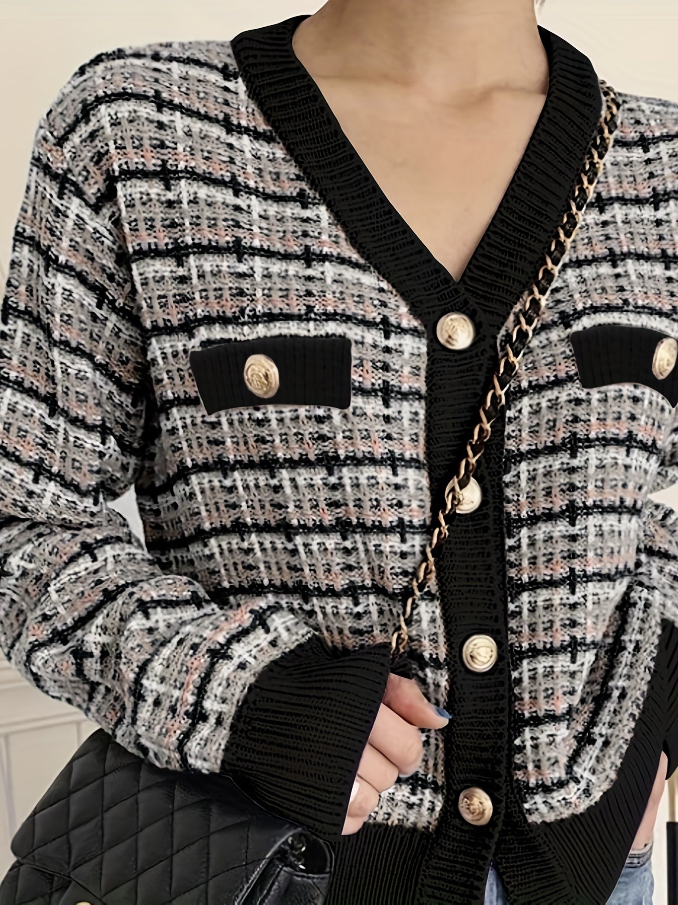 Sixsr Plaid Pattern V Neck Button Up Cardigan, Casual Long Sleeve Fake Pockets Cardigan For Spring & Fall, Women's Clothing