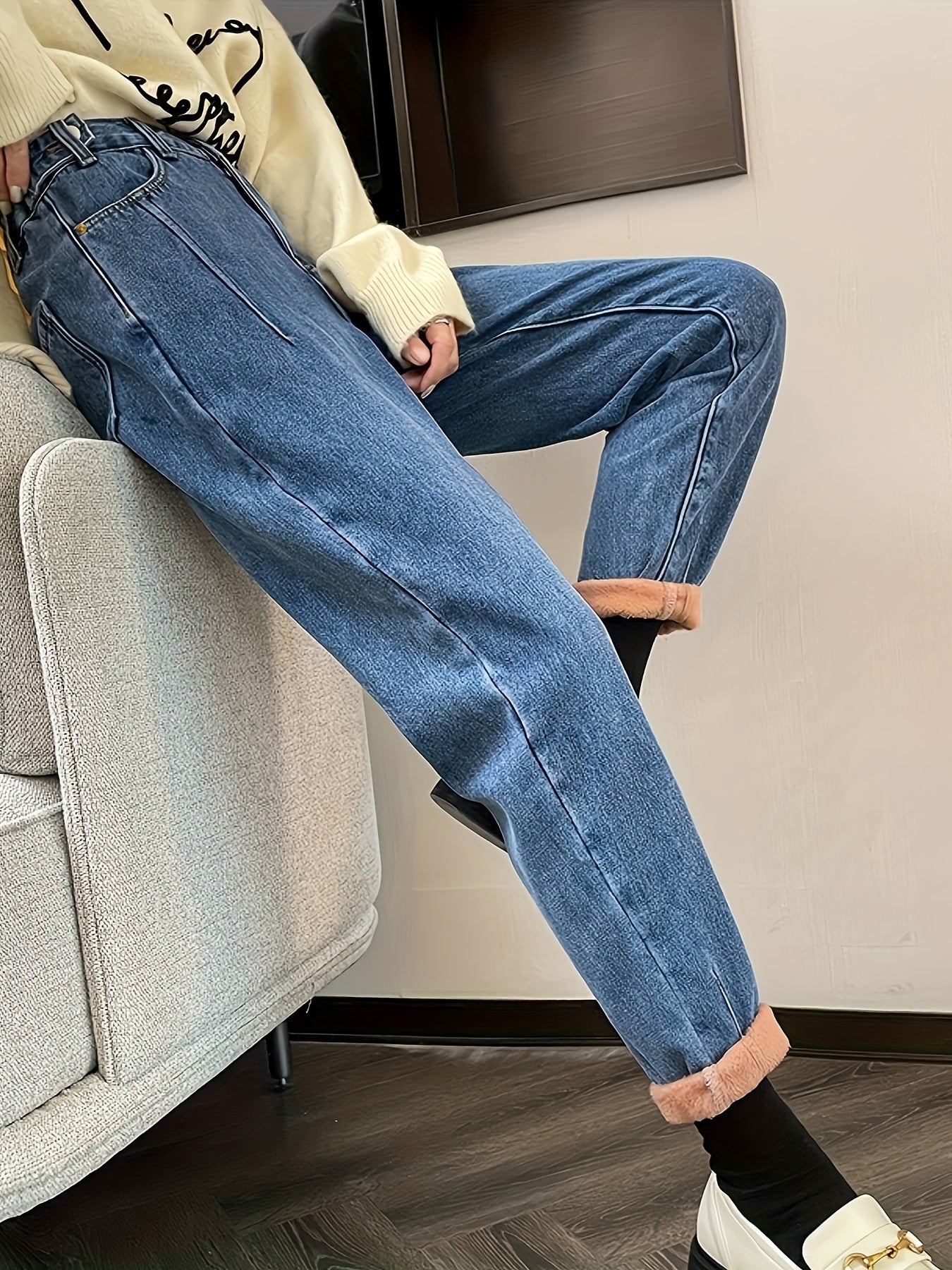 Sixsr High Waist Versatile Tapered Jeans, Fleece Liner Keep Warm Casual Mom Jeans, Women's Denim Jeans & Clothing