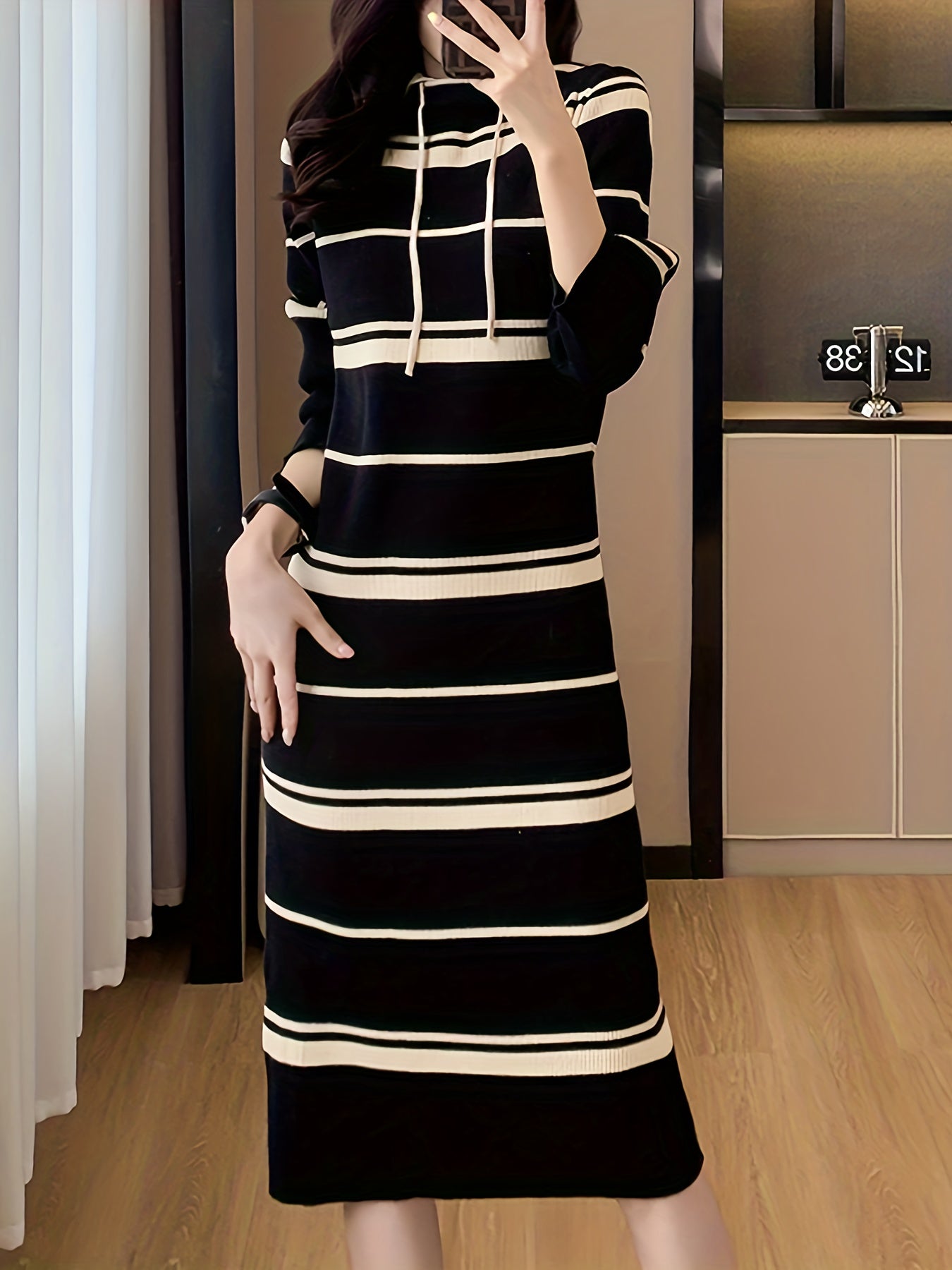 Sixsr Striped Pattern Drawstring Dress, Casual Hooded Bodycon Midi Dress, Women's Clothing