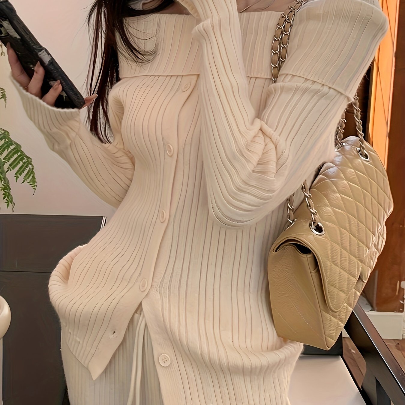 Sixsr Solid Off Shoulder Rib Knit Sweater, Elegant Button Front Long Sleeve Slim Sweater, Women's Clothing