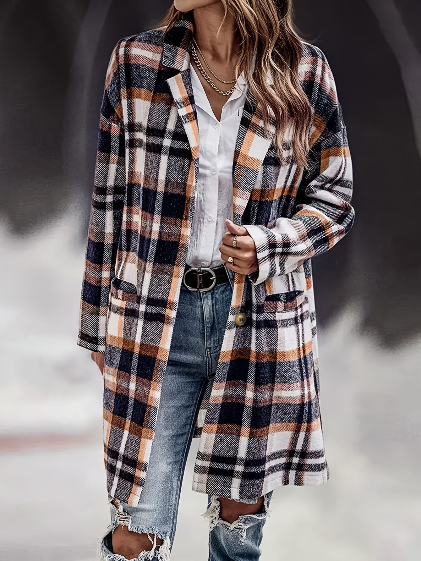 Sixsr Single Breasted Plaid Print Jacket, Casual Lapel Long Sleeve Outerwear, Women's Clothing