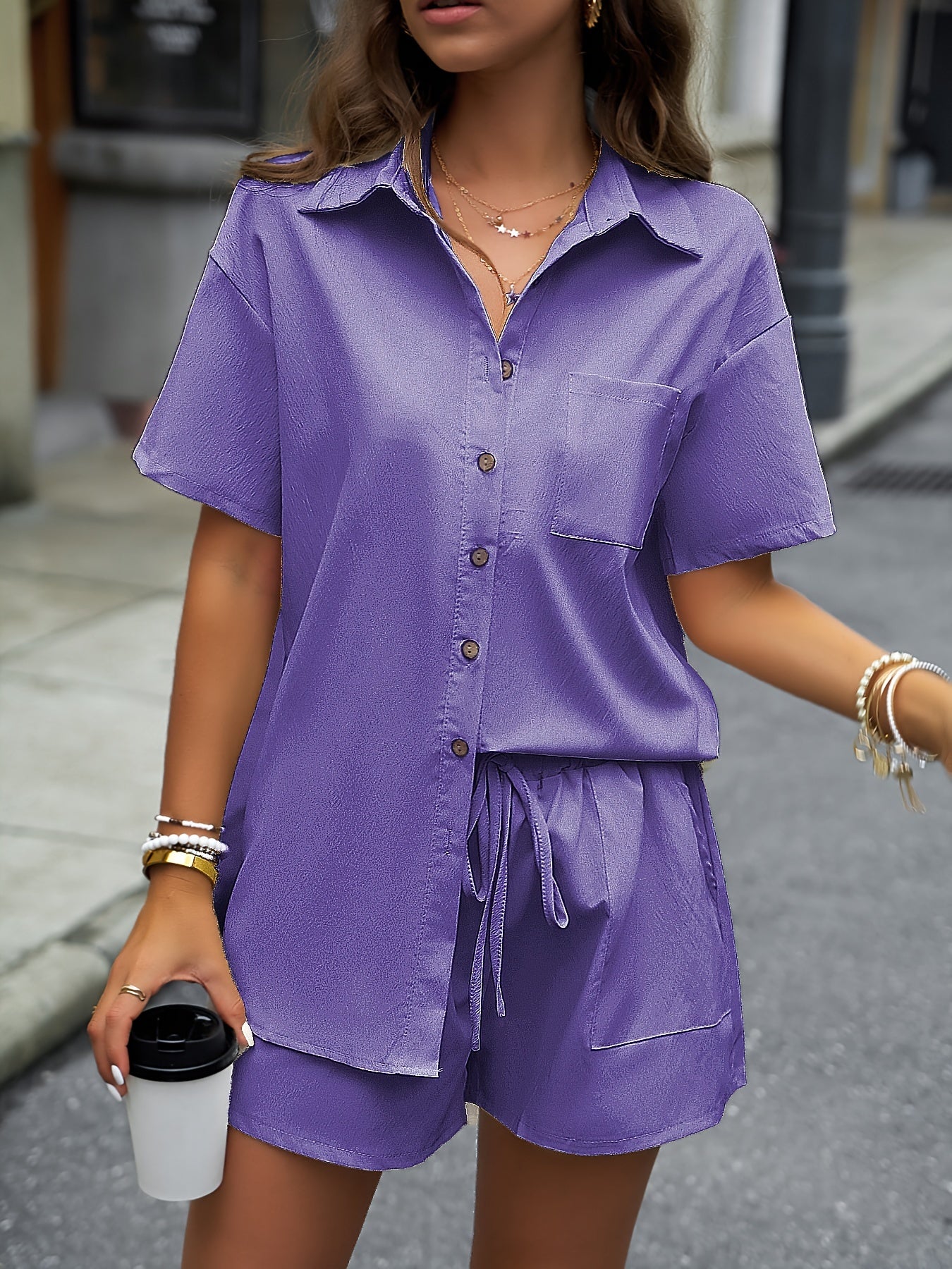 Sixsr Solid Casual Two-piece Set, Button Front Turn Down Collar Mid Length Shirt & Drawstring Elastic Waist Shorts Outfits, Women's Clothing