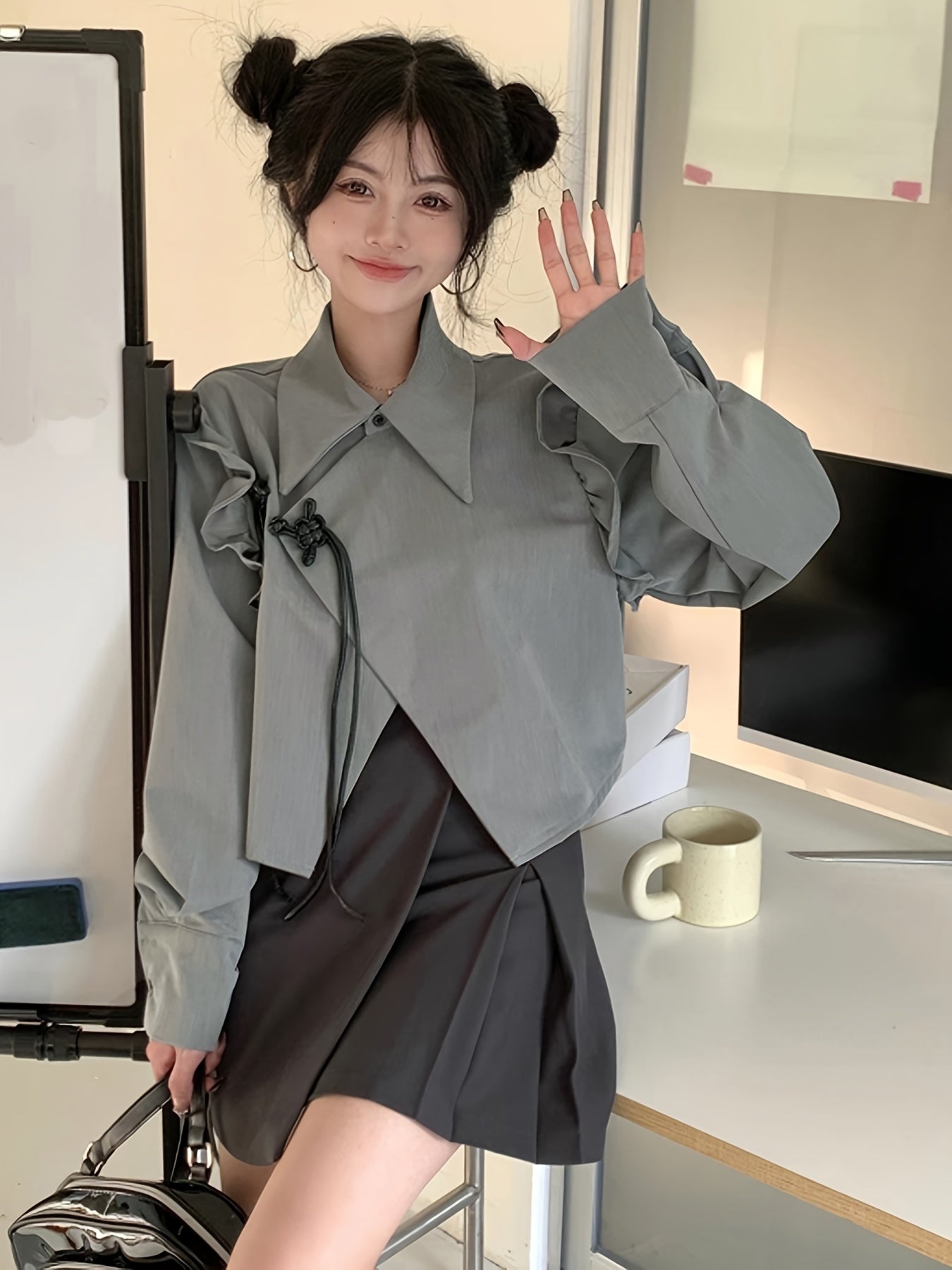 Sixsr Solid Asymmetrical Hem Blouse, Casual Ruffle Trim Long Sleeve Blouse For Spring & Fall, Women's Clothing