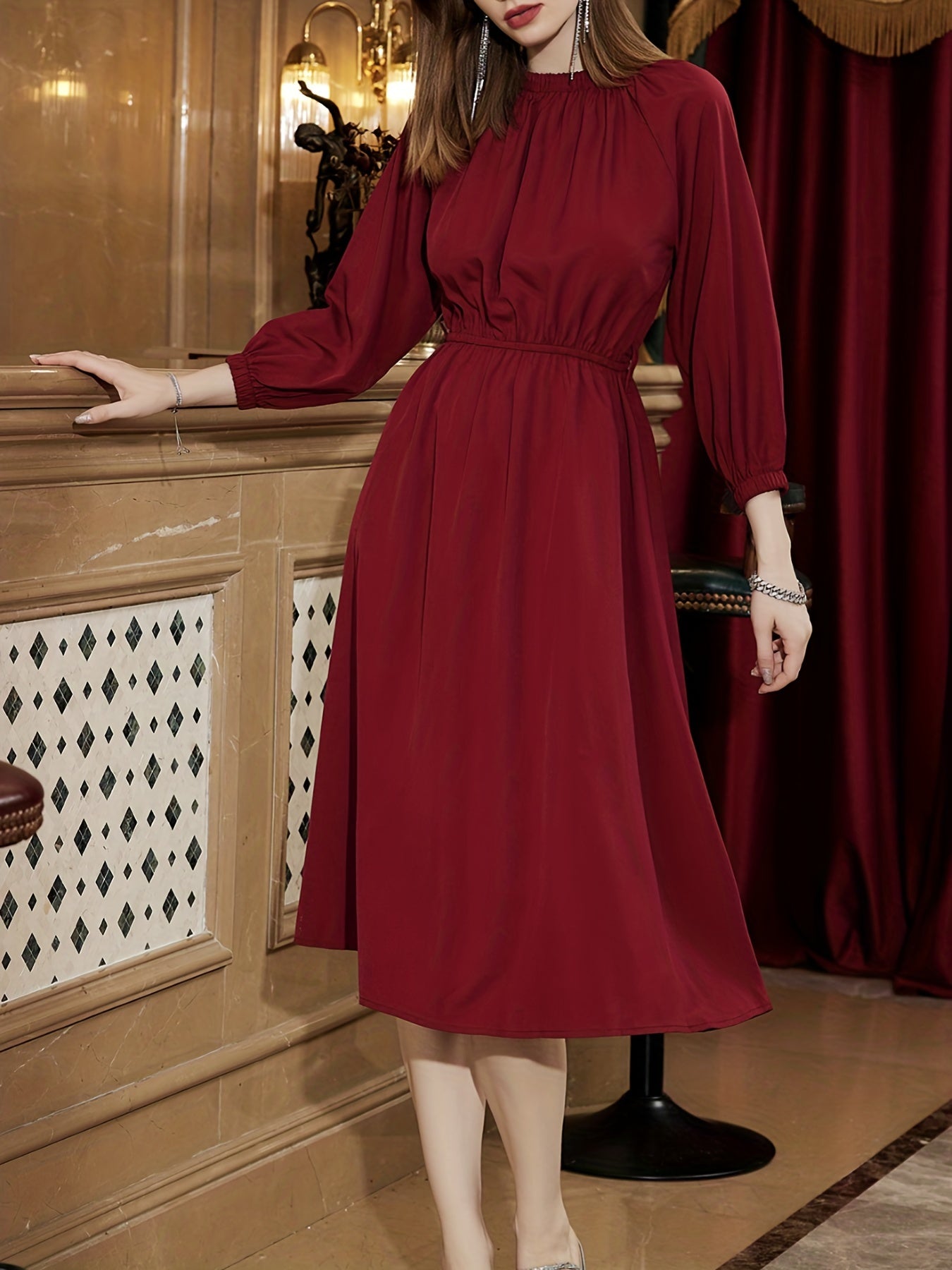 Sixsr Solid Ruched Dress, Elegant Slim Waist Simple Midi Dress, Women's Clothing