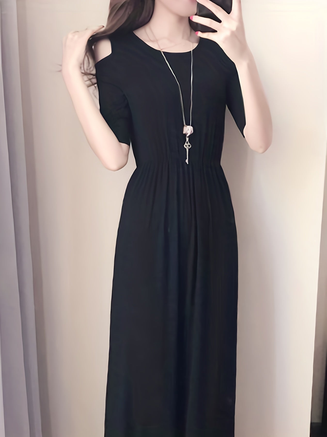 Sixsr Solid Cold Shoulder Dress, Elegant Half Sleeve Crew Neck Dress, Women's Clothing