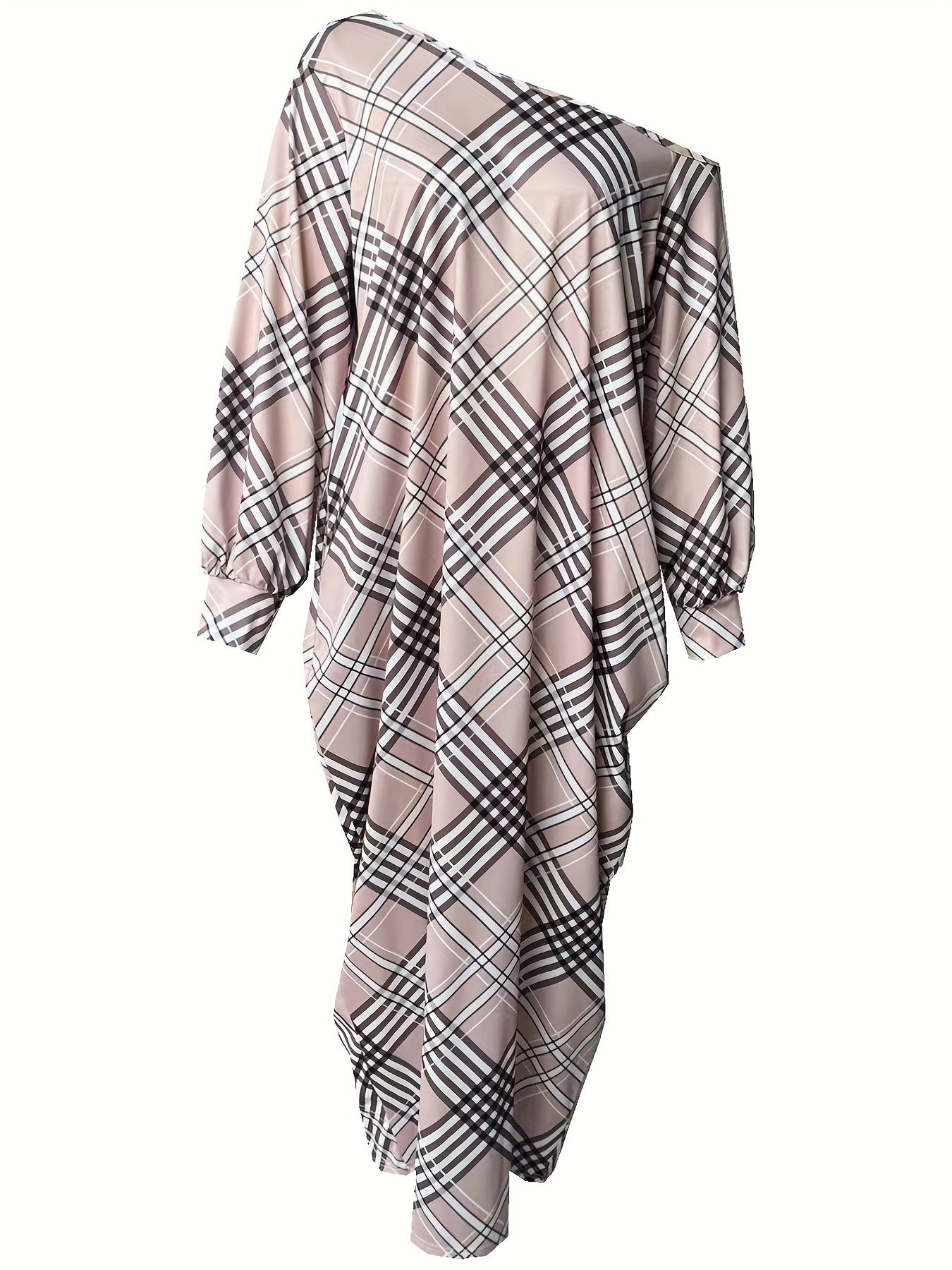 Plaid Print Slanted Shoulder Dress, Casual Long Sleeve Maxi Dress, Women's Clothing