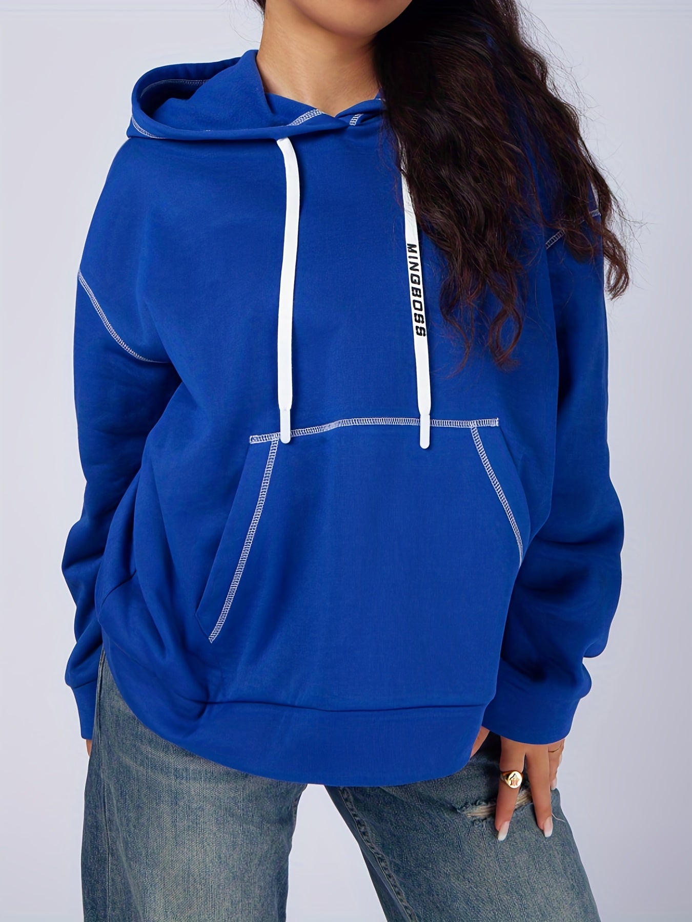 Sixsr Plus Size Casual Sweatshirt, Women's Plus Solid Pipping Long Sleeve Drawstring Hoodie