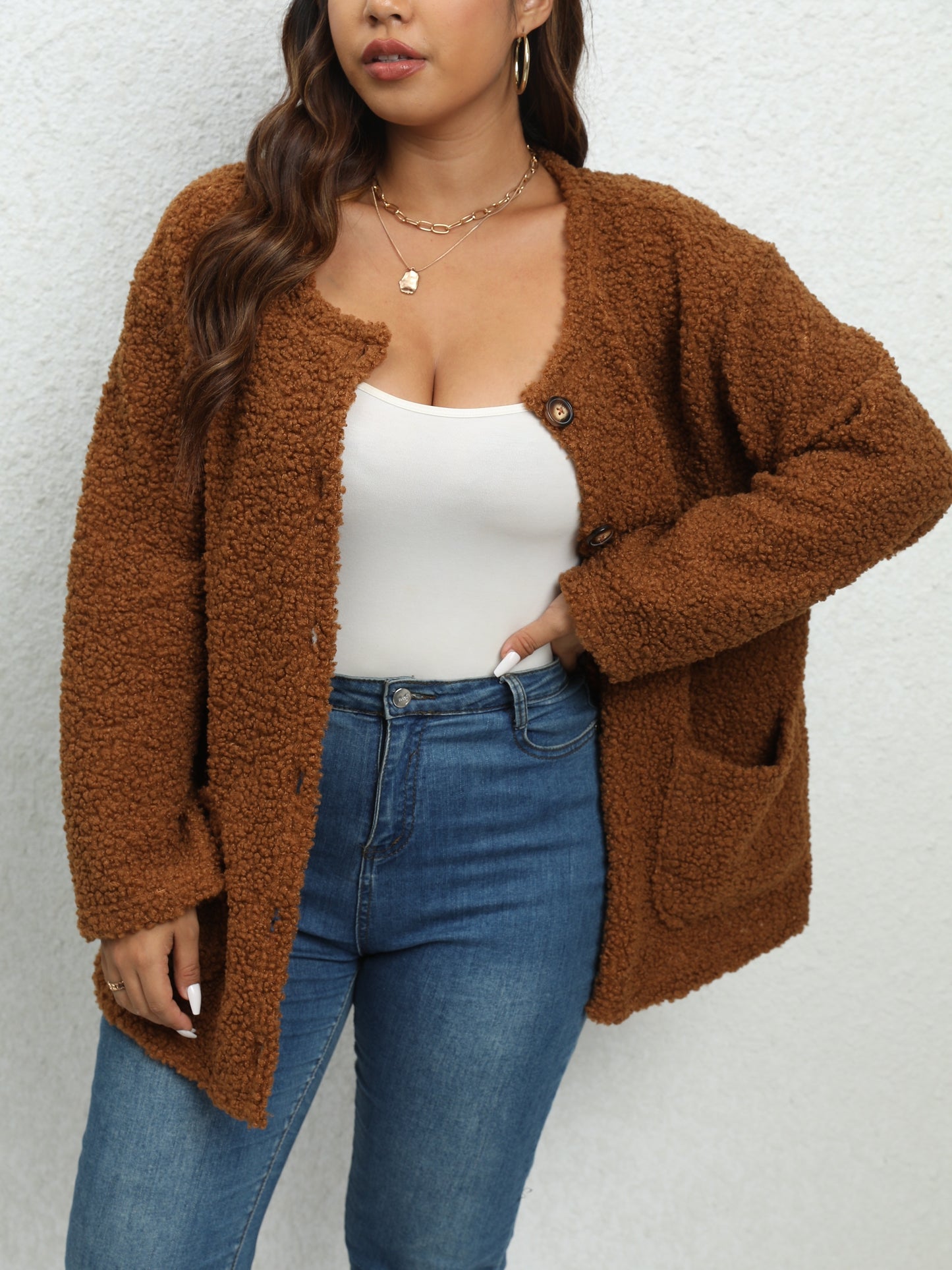 Sixsr Plus Size Casual Coat, Women's Plus Solid Long Sleeve Button Up Plush Teddy Coat With Pockets