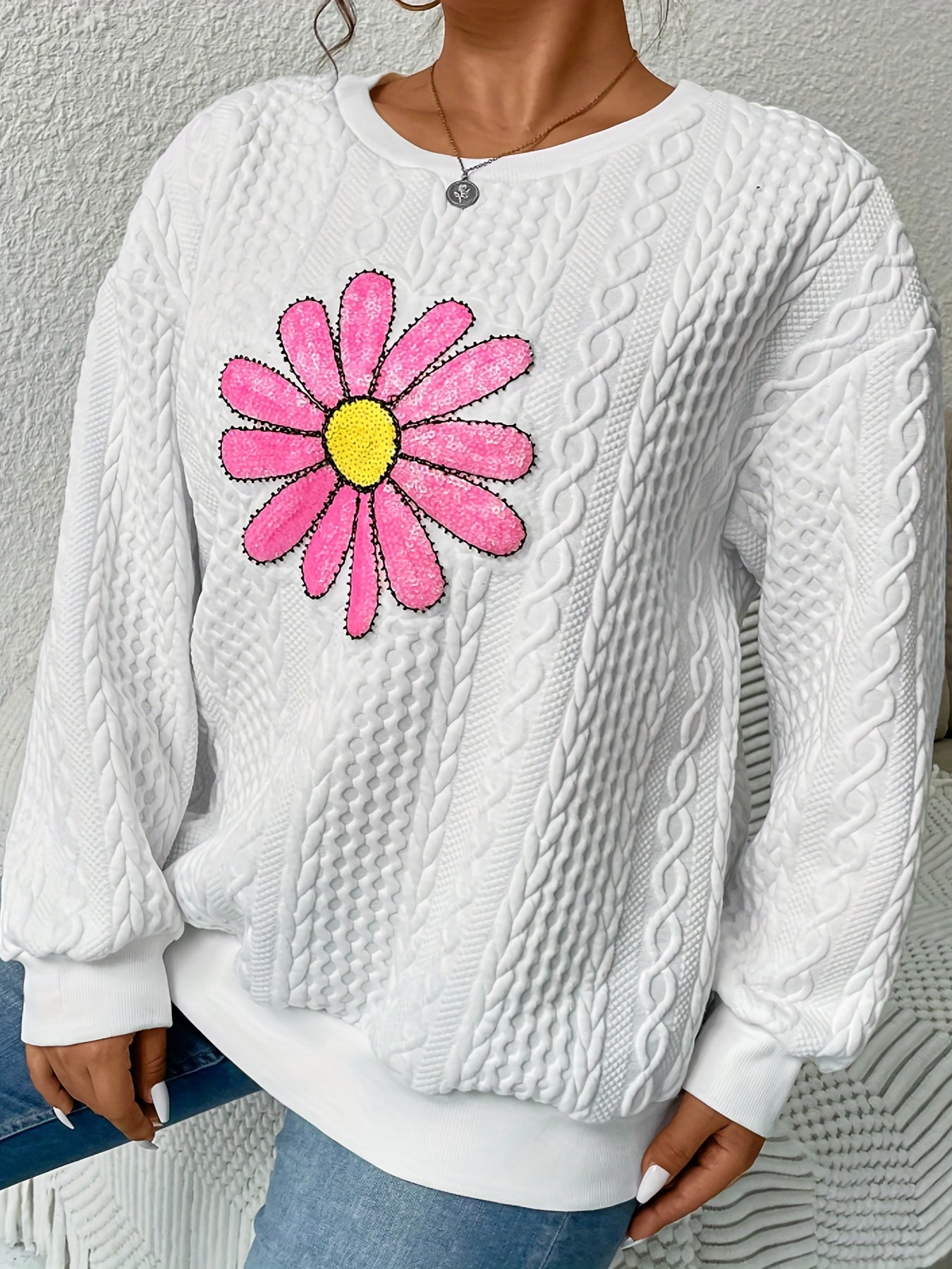 Sixsr Plus Size Casual Sweatshirt, Women's Plus Floral Print Long Sleeve Round Neck Knit Sweatshirt