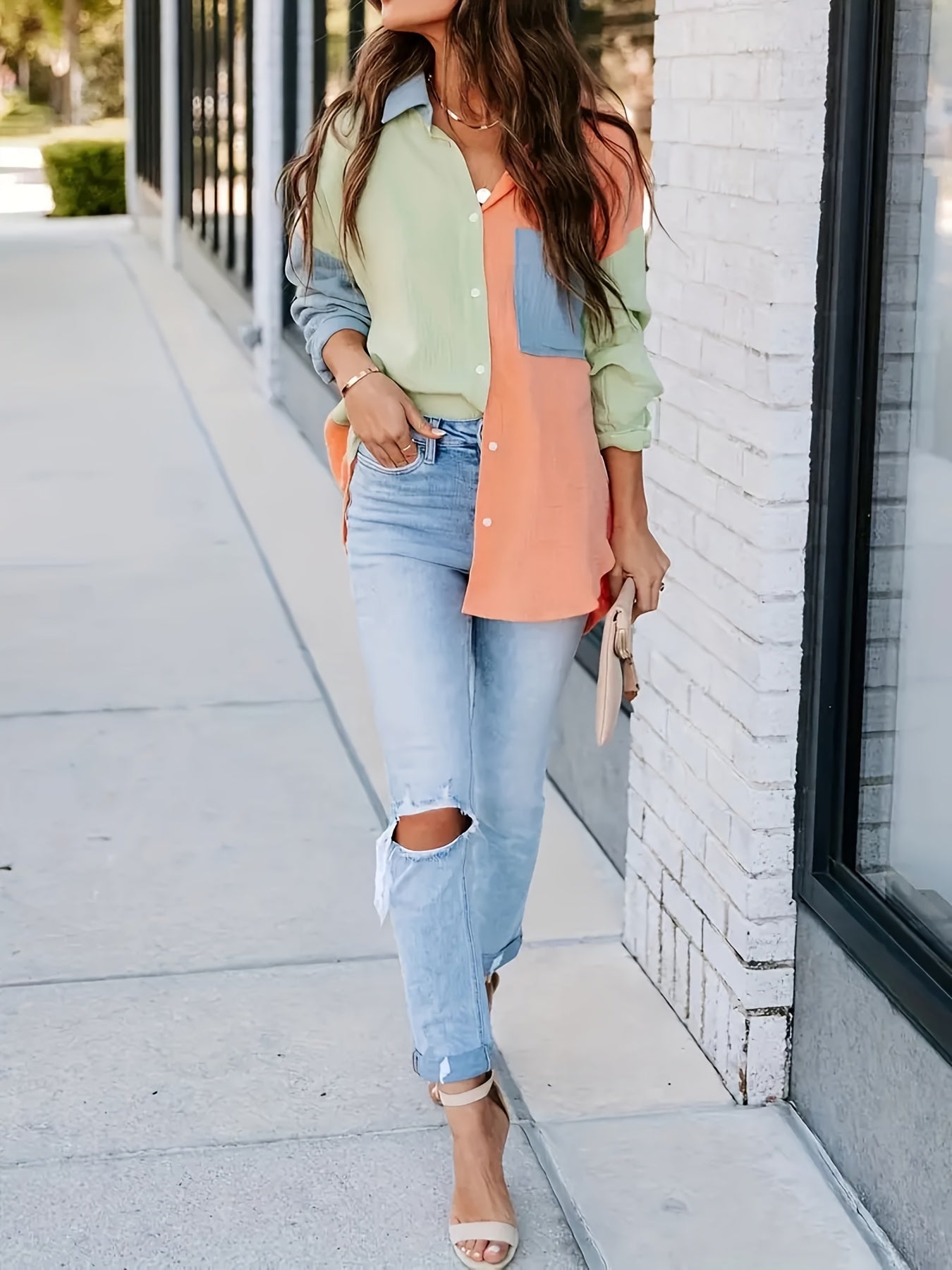 Sixsr Plus Size Casual Blouse, Women's Plus Colorblock Cinkle Butoon Up Long Sleeve Turn Down Collar Blouse