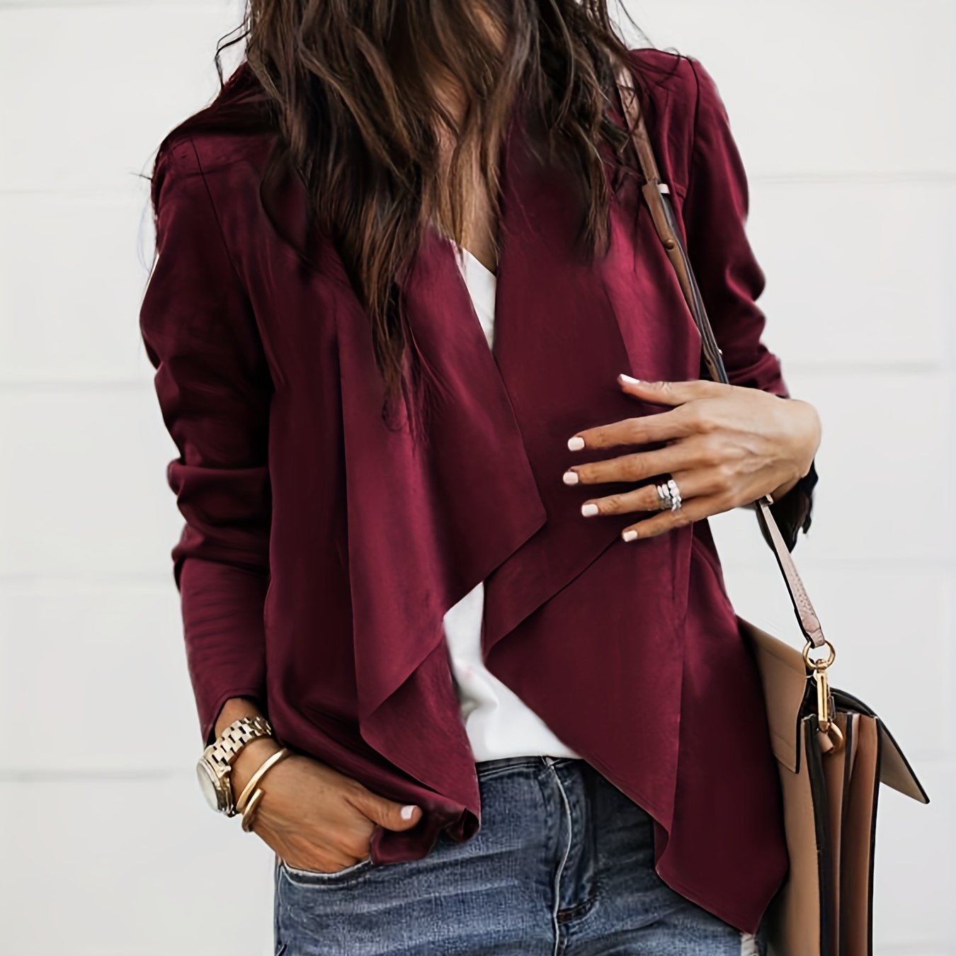 Sixsr Solid Open Front Coat, Elegant Long Sleeve Work Office Outerwear, Women's Clothing