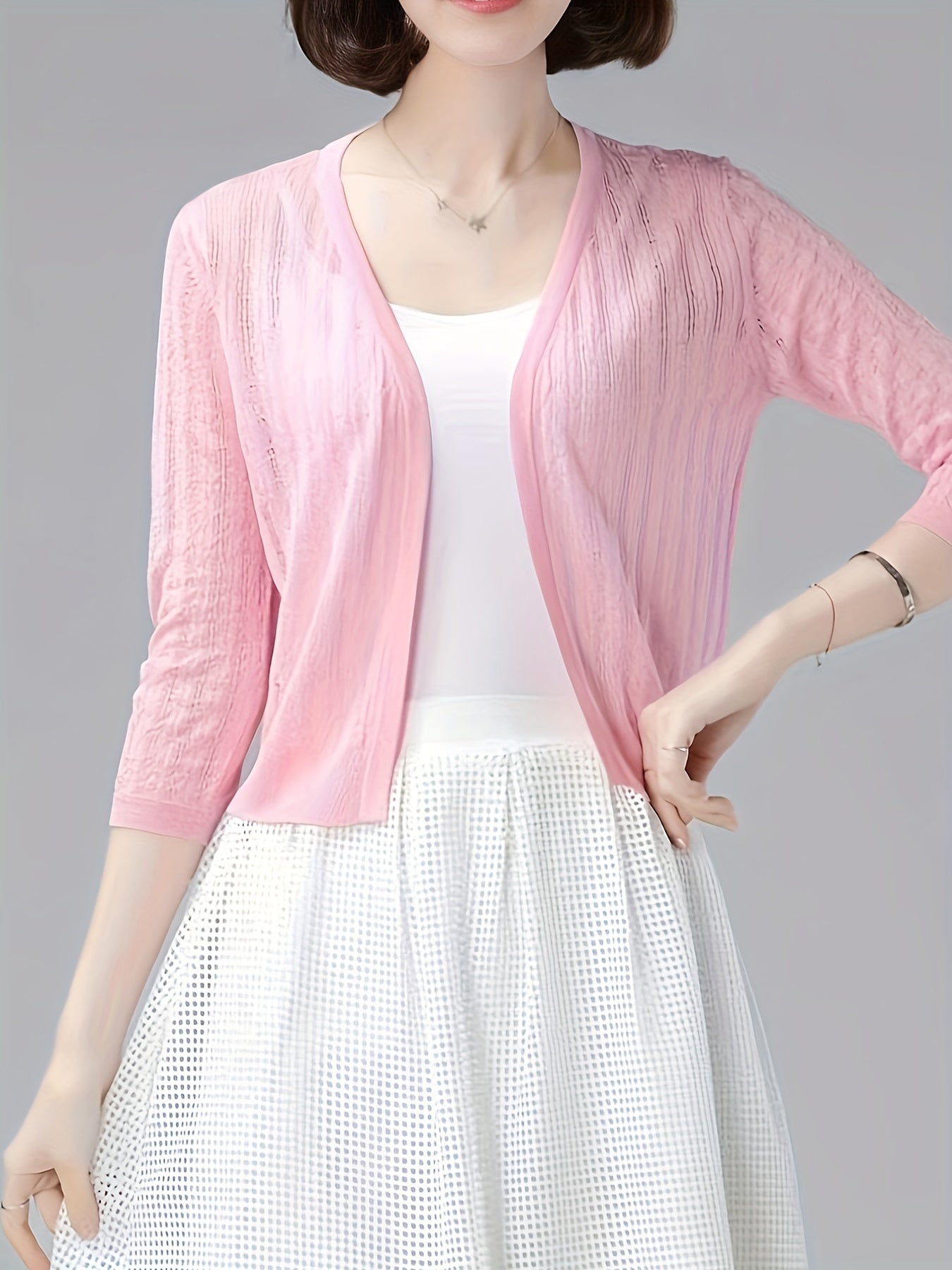 Sixsr Solid Simple Knit Cardigan, Elegant 3/4 Sleeve Versatile Sweater, Women's Clothing