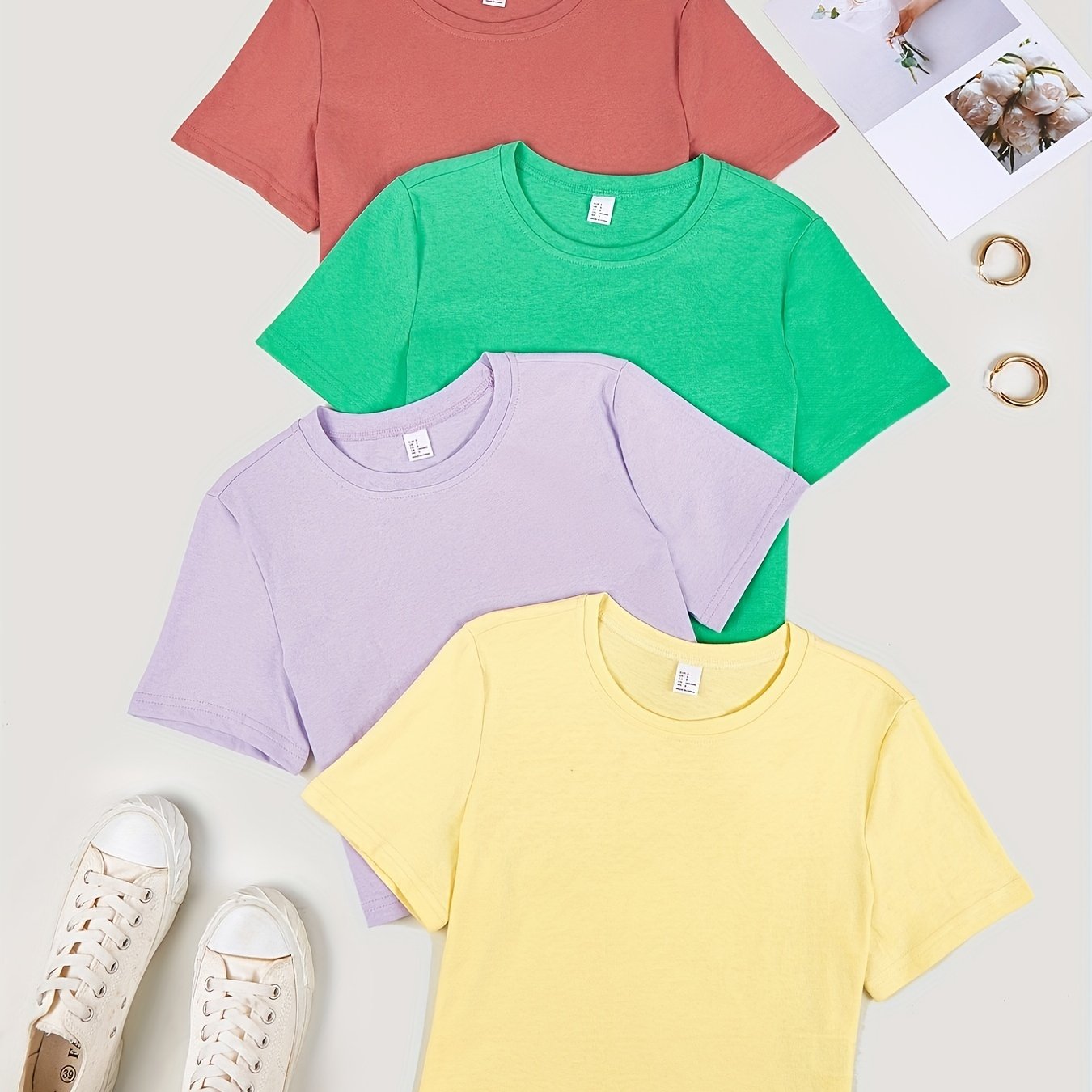 Sixsr Solid Basic 4pcs T-shirt, Casual Crew Neck Short Sleeve Summer T-shirt, Women's Clothing