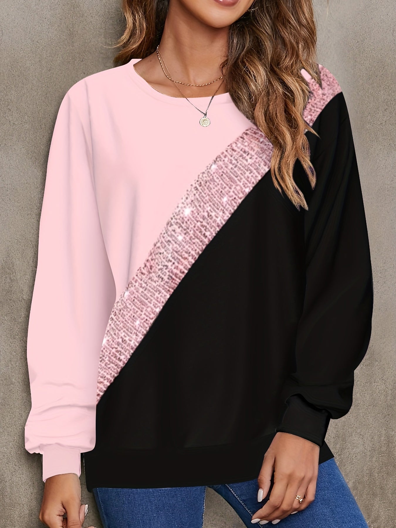 Sixsr Plus Size Casual Sweatshirt, Women's Plus Rhinestone Colorblock Long Sleeve Round Neck Slight Stretch Sweatshirt