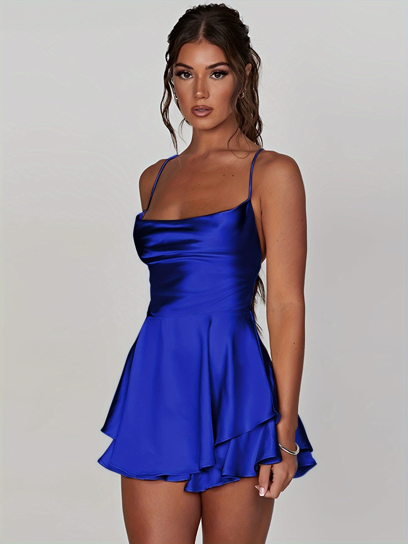 Sixsr Backless Spaghetti Strap Tiered Dress, Stylish Cowl Neck A-line Mini Dress, Women's Clothing