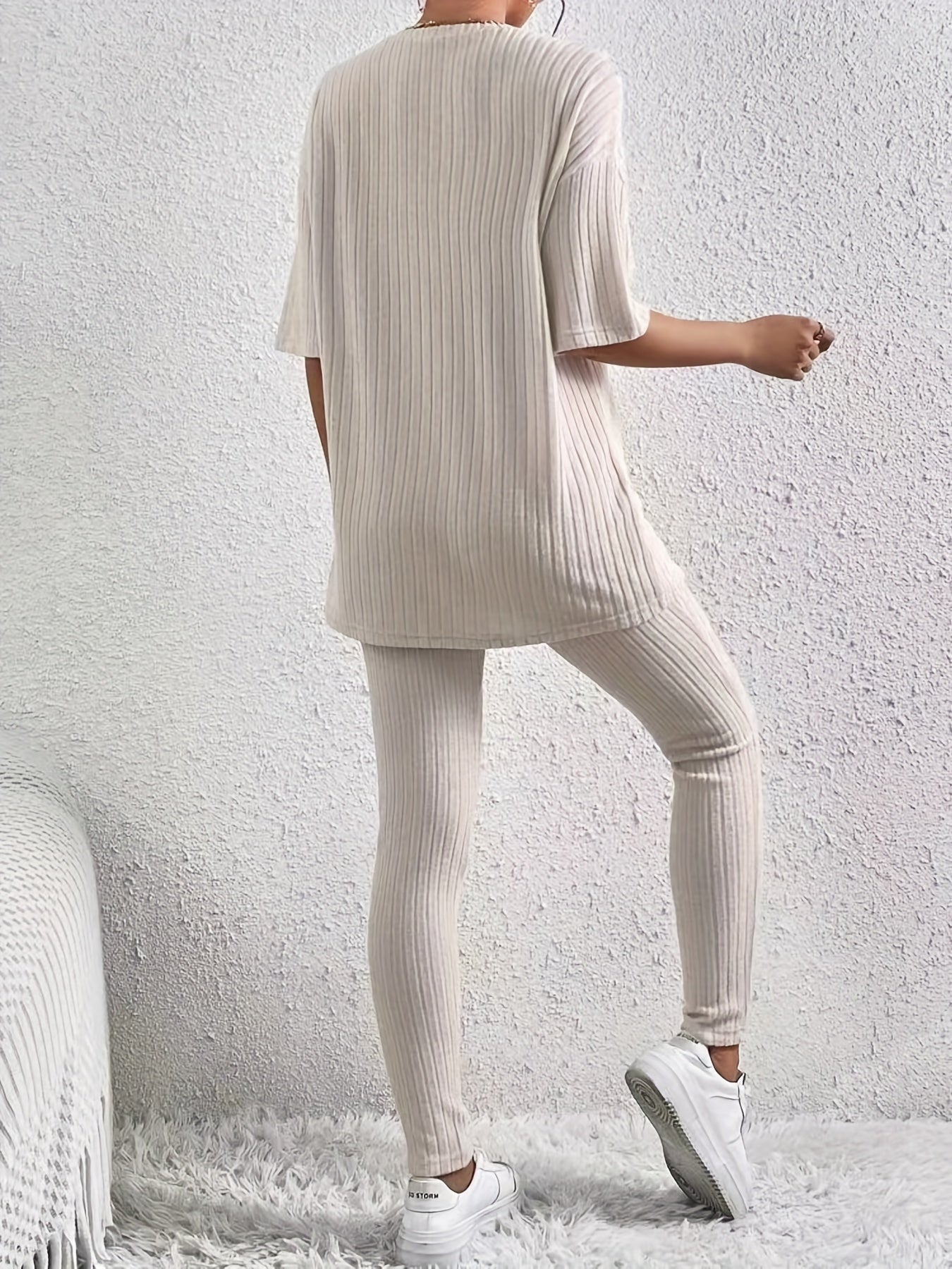 Sixsr Casual Solid Two-piece Set, Drop Shoulder T-shirt & Slim Pants Outfits, Women's Clothing