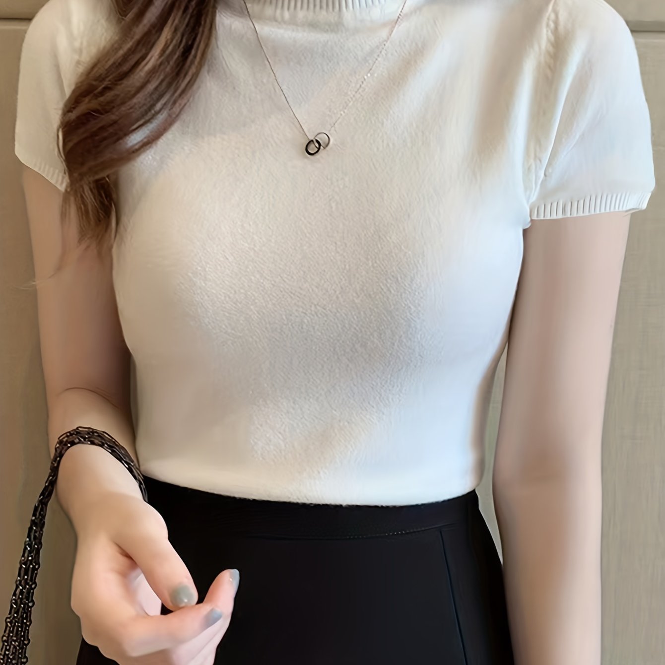 Sixsr Solid Mock Neck Knit Sweater, Casual Short Sleeve Sweater, Women's Clothing