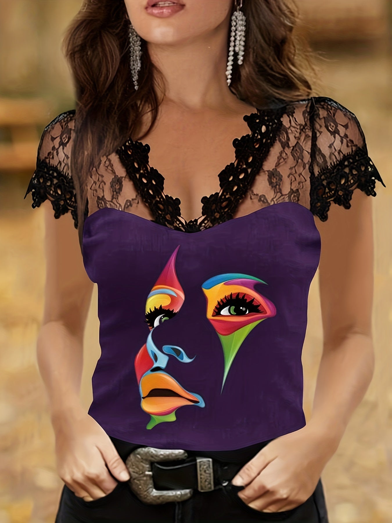 Sixsr Lace Short Sleeve Elegant T-Shirt, Slim Casual Top For Summer & Spring, Women's Clothing